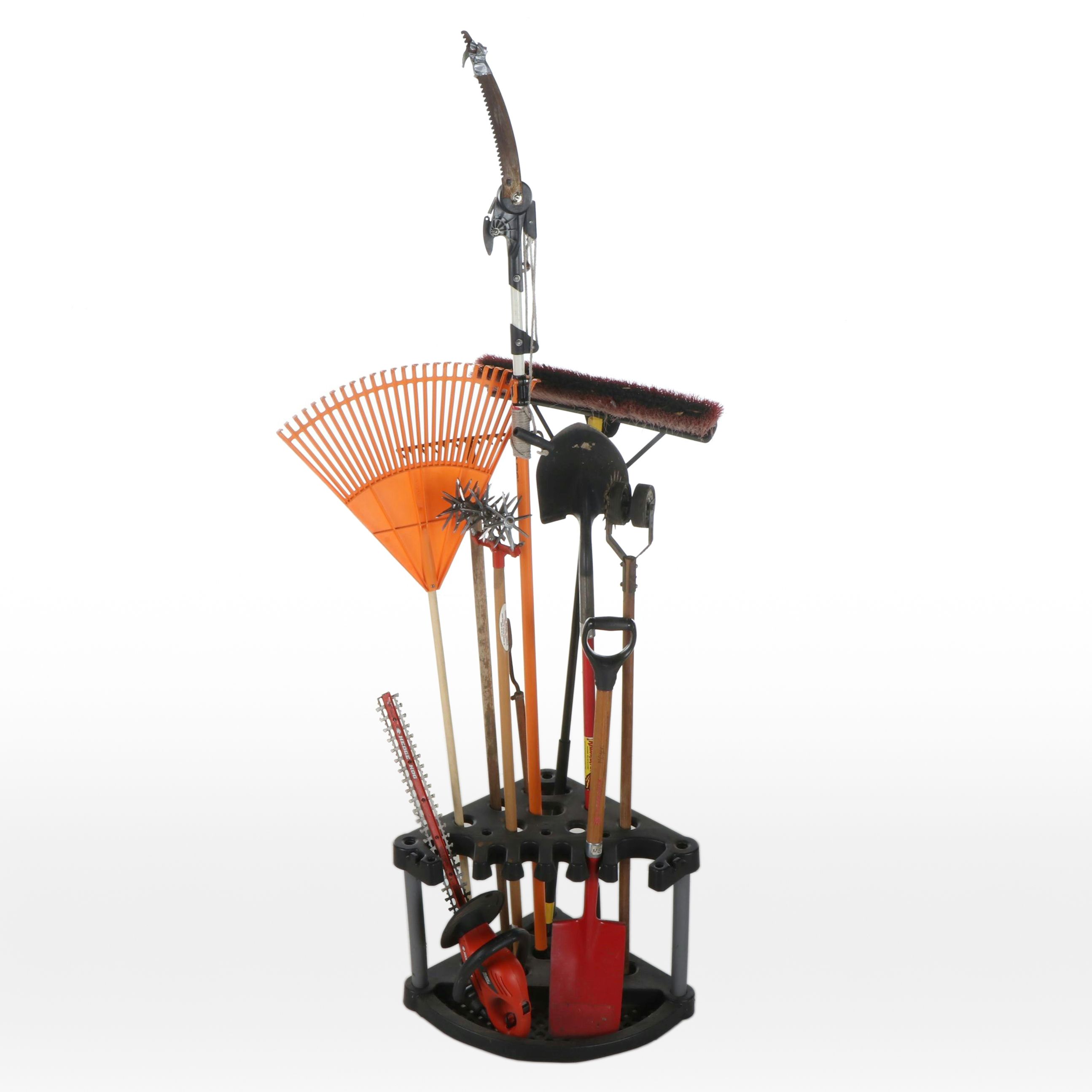 Lawn Tool Caddy with Black+Decker Hedge Trimmer and More