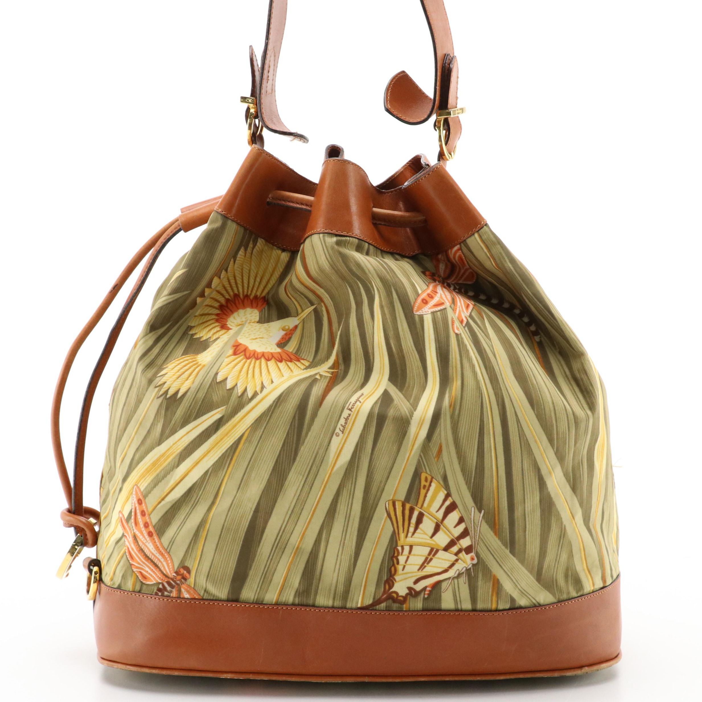 Salvatore Ferragamo Drawstring Bucket Bag in Bird and Butterfly Printed Nylon