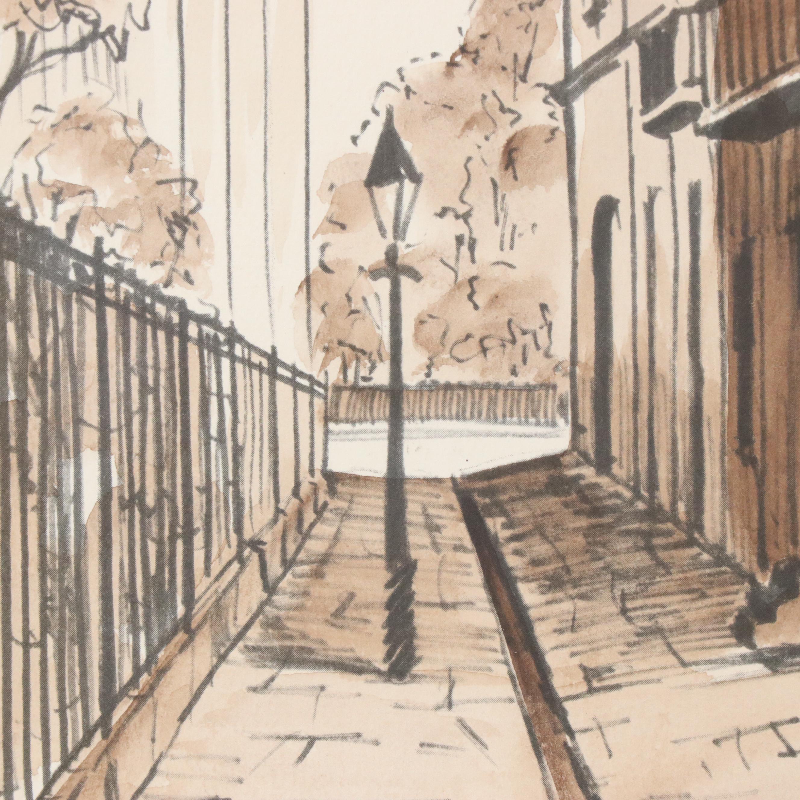 Pair of Hand-Colored Halftones with Street Scenes, 20th Century