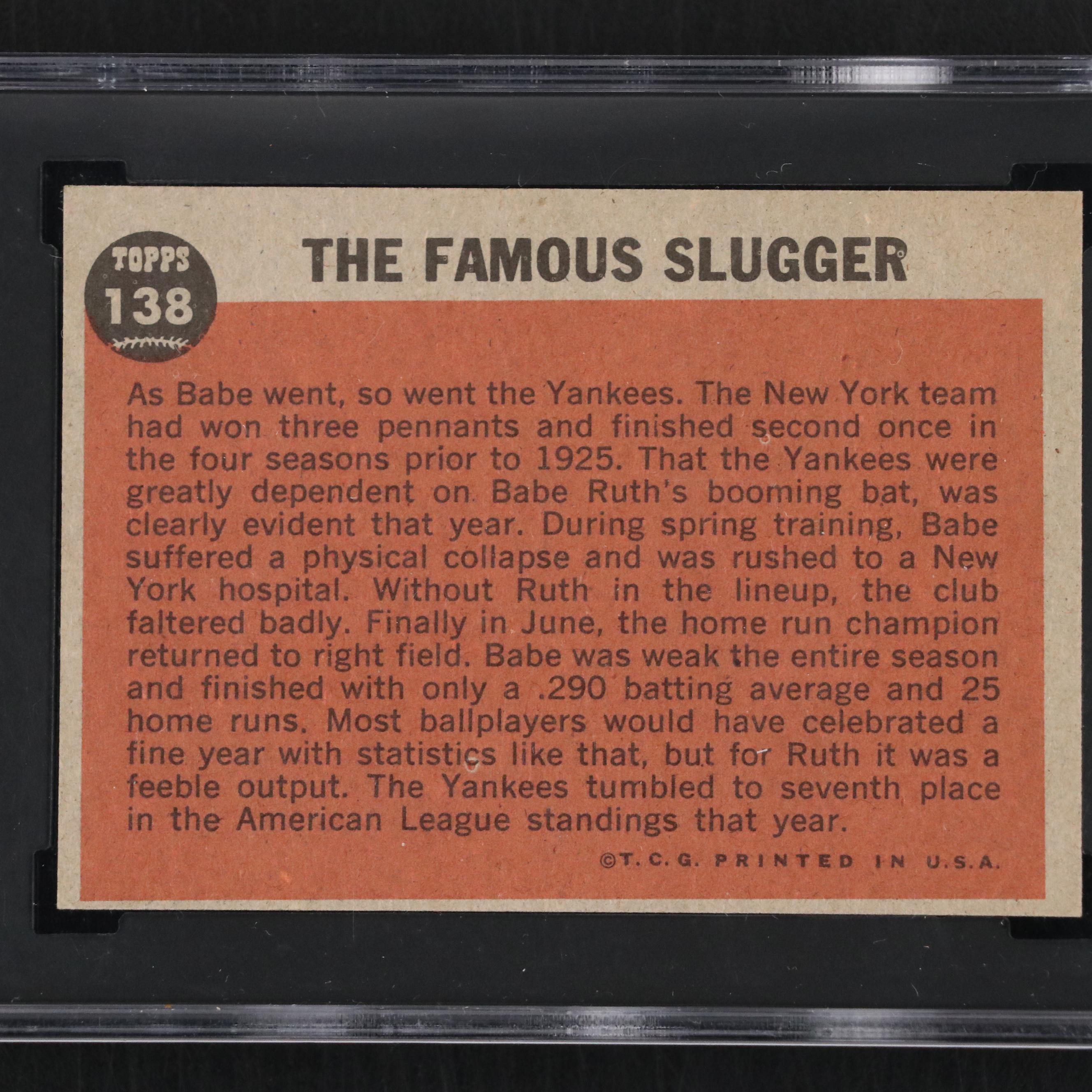 1962 Topps Babe Ruth Special "The Famous Slugger" Baseball Card Graded SGC 5