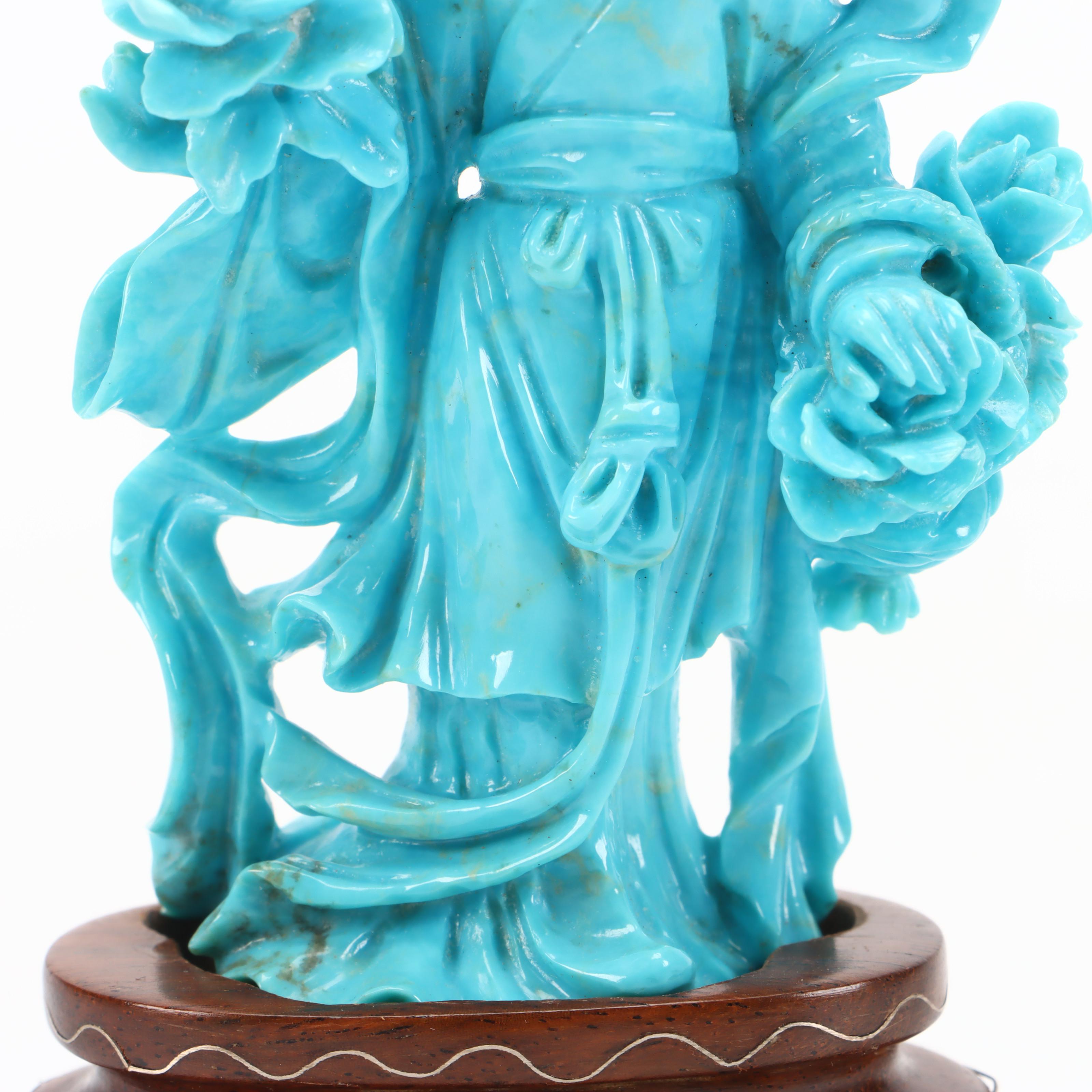 Chinese Turquoise Carving of Female Deity Surrounded by Flowers