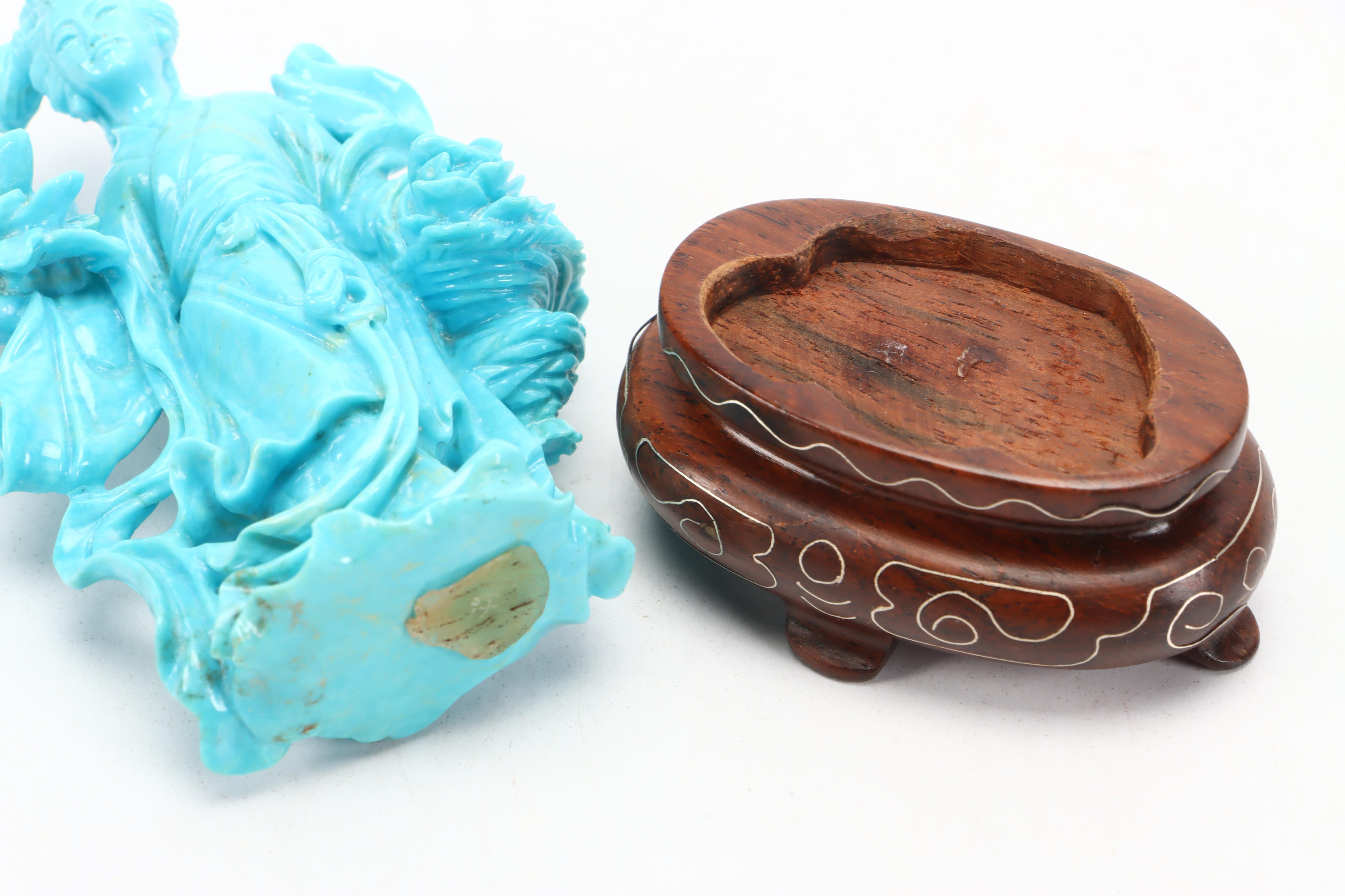 Chinese Turquoise Carving of Female Deity Surrounded by Flowers
