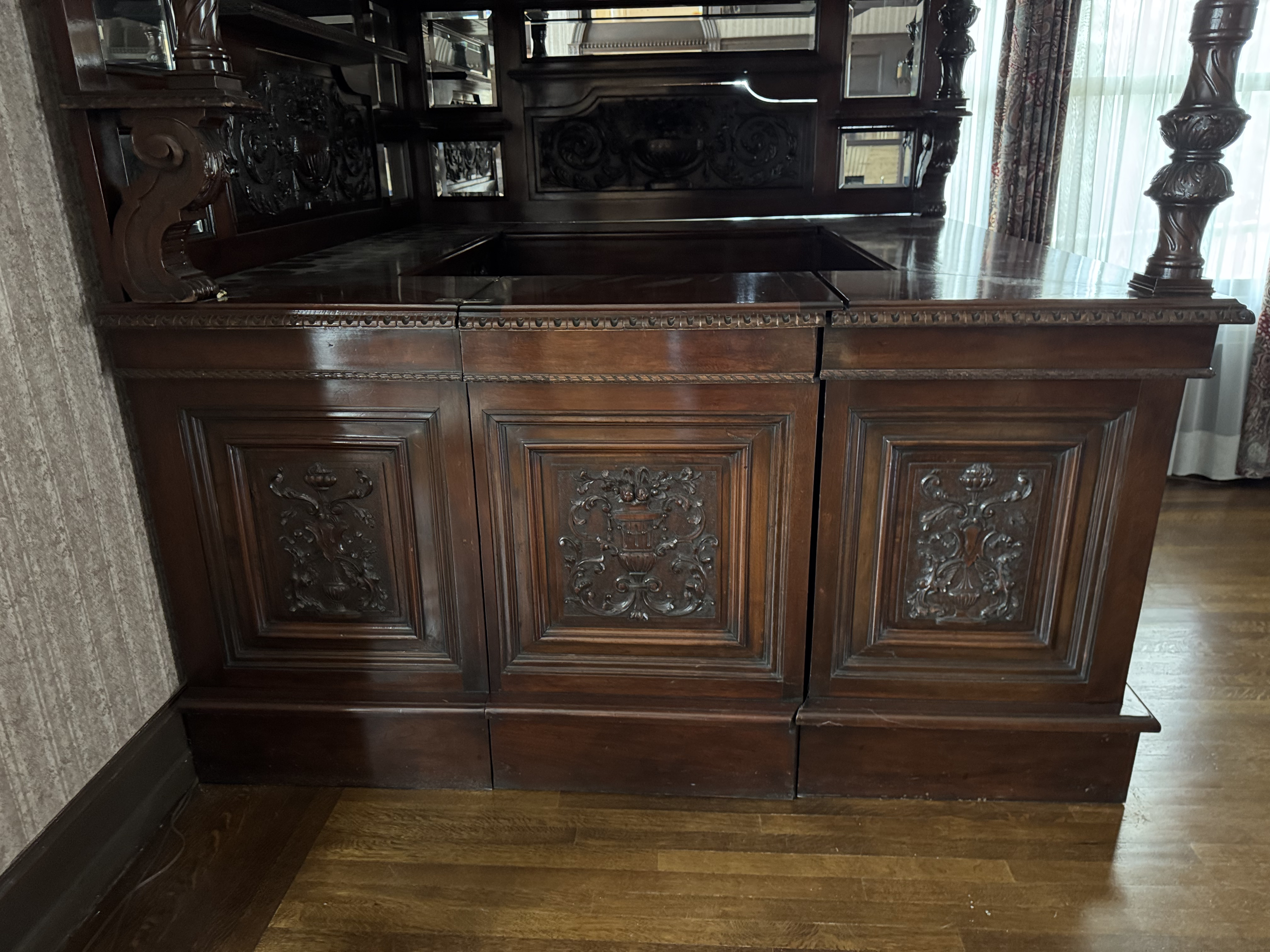 English Carved Mahogany Dry Bar with Stained Glass Canopy Ceiling