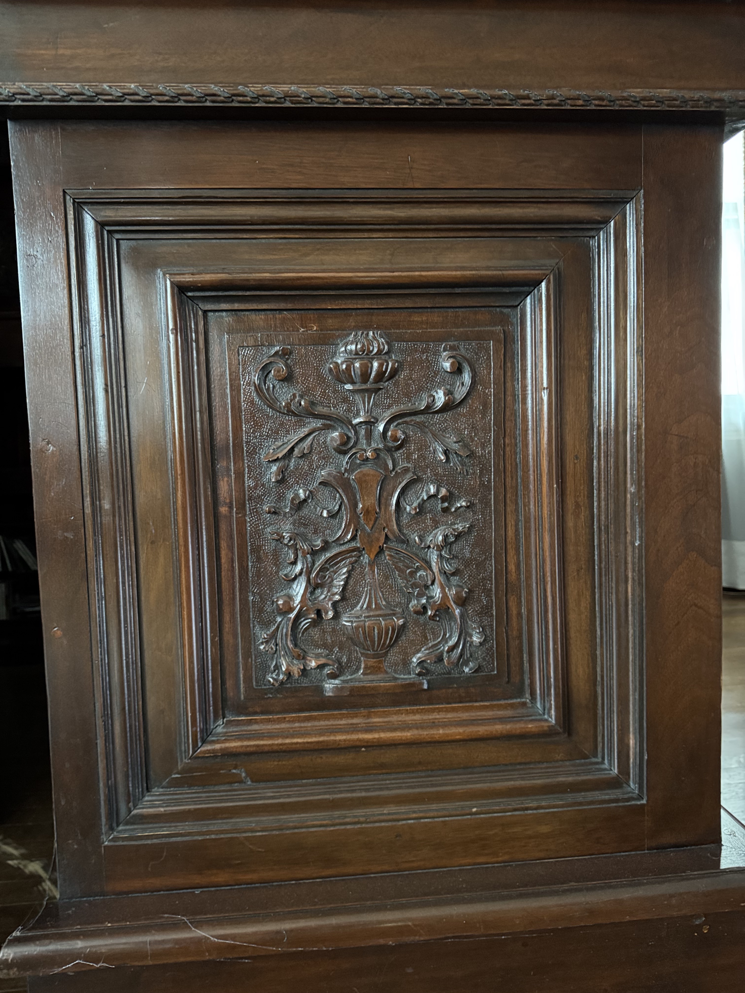 English Carved Mahogany Dry Bar with Stained Glass Canopy Ceiling