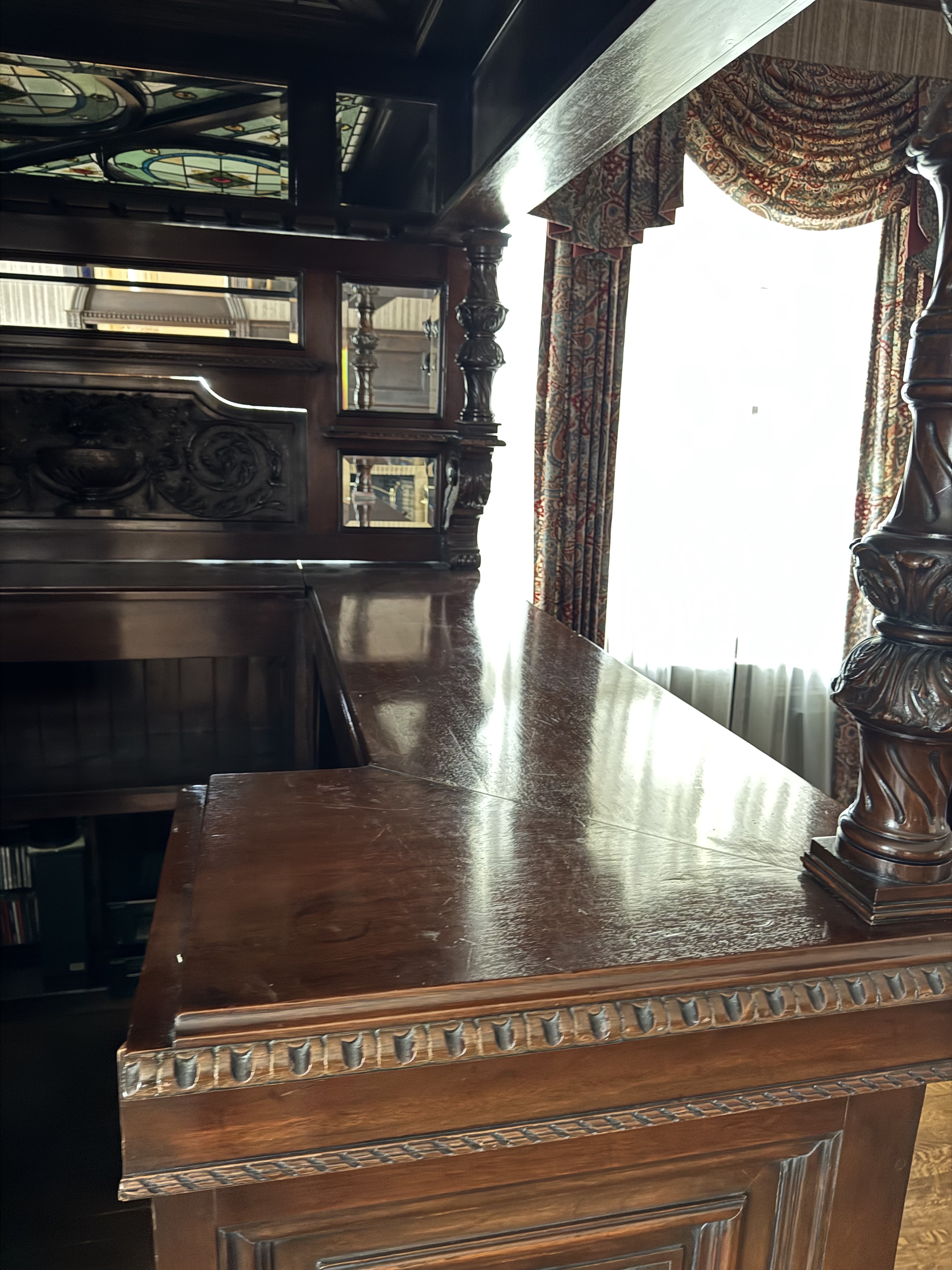 English Carved Mahogany Dry Bar with Stained Glass Canopy Ceiling