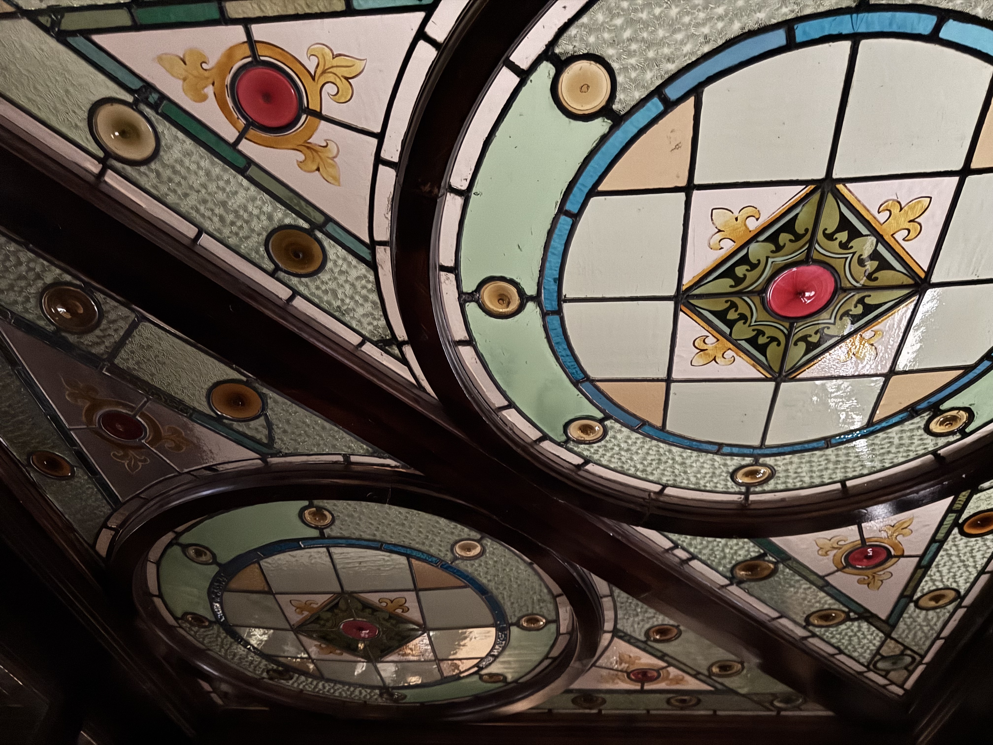 English Carved Mahogany Dry Bar with Stained Glass Canopy Ceiling