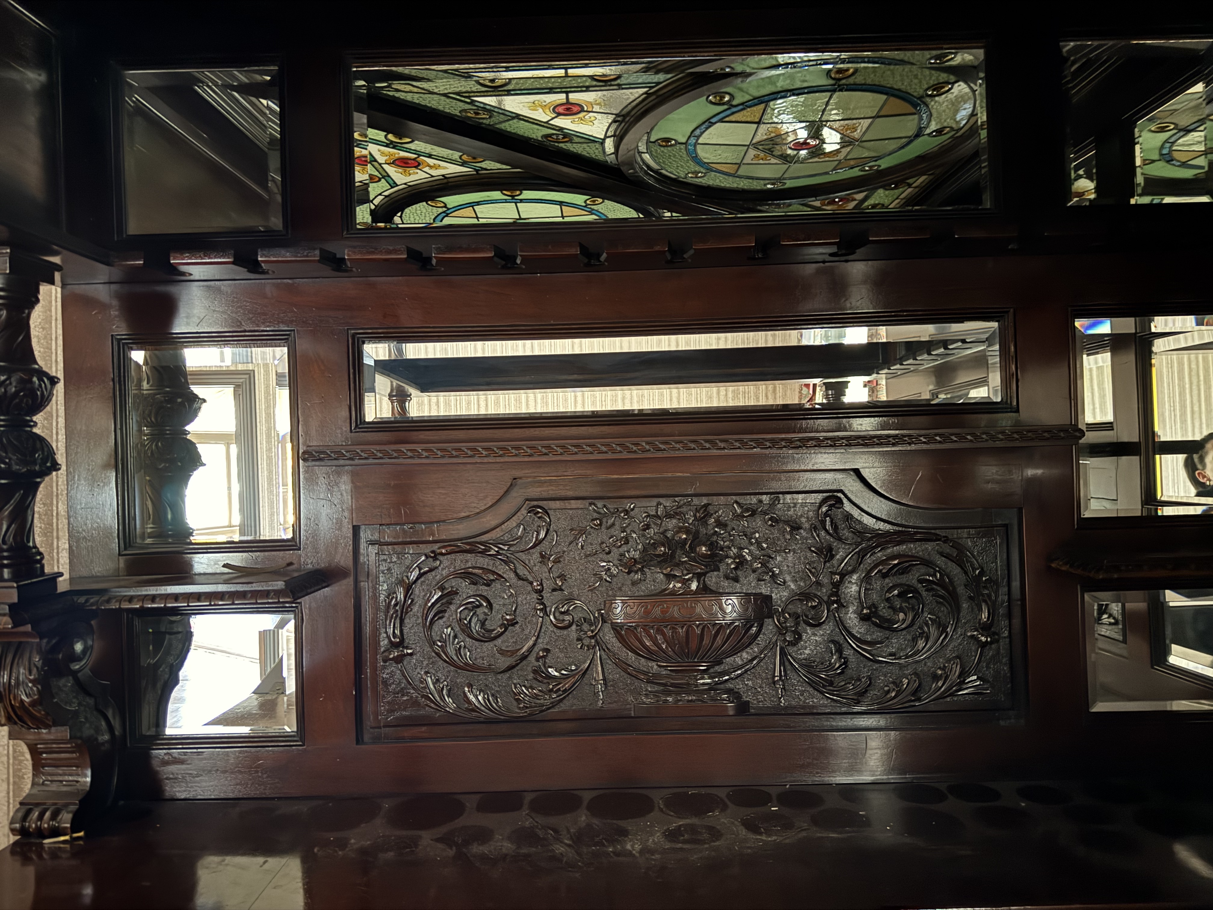 English Carved Mahogany Dry Bar with Stained Glass Canopy Ceiling