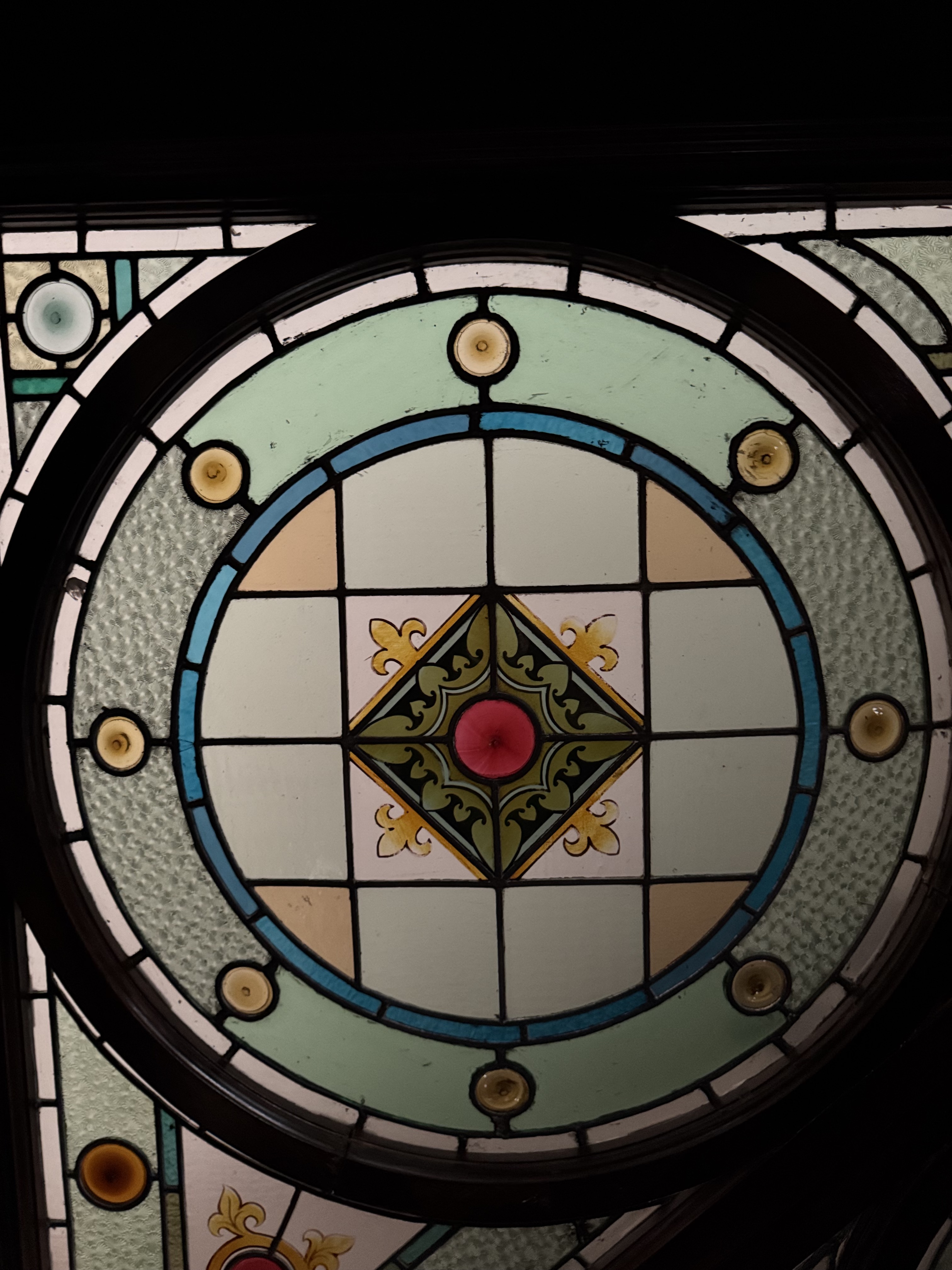 English Carved Mahogany Dry Bar with Stained Glass Canopy Ceiling