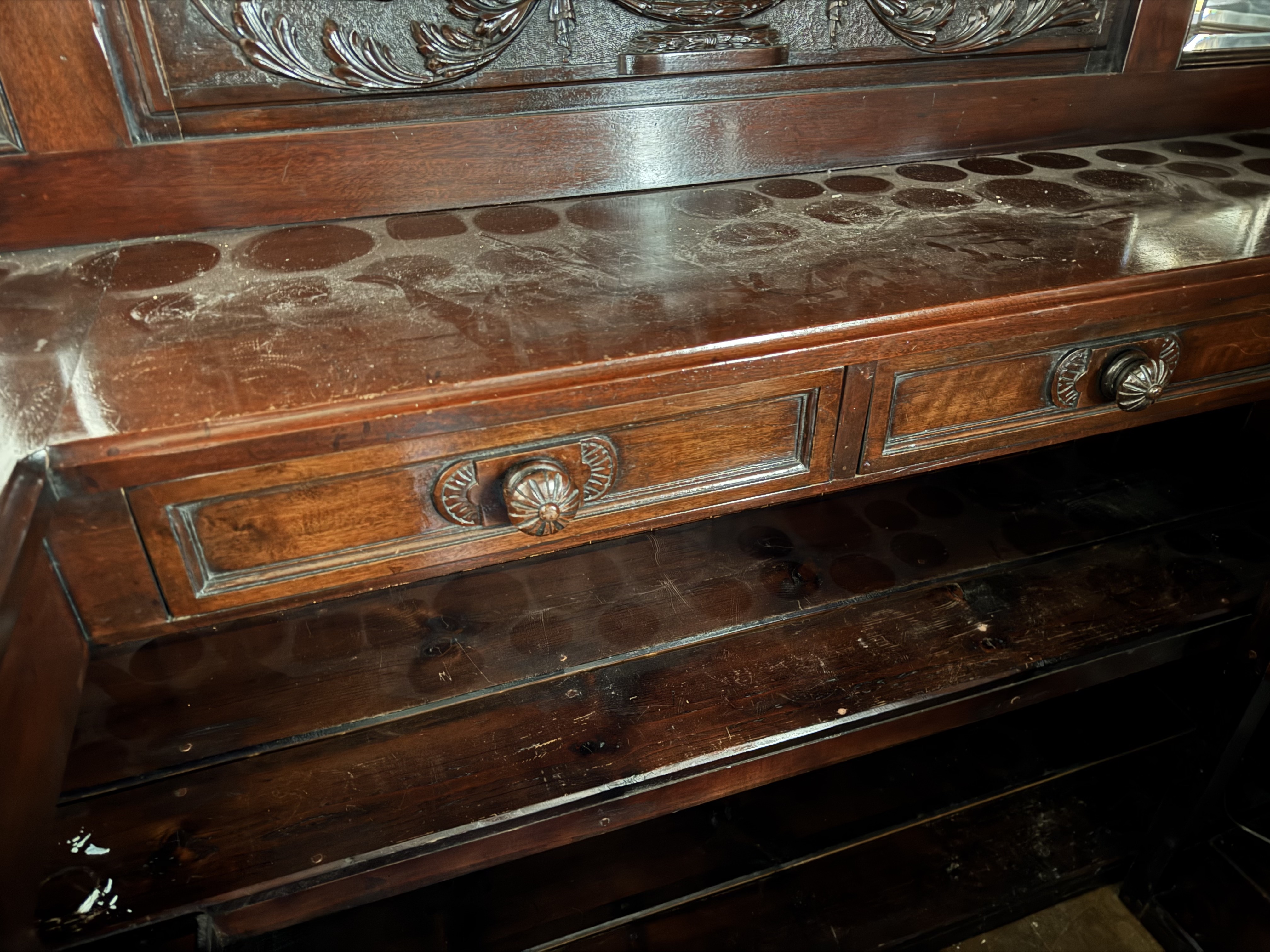 English Carved Mahogany Dry Bar with Stained Glass Canopy Ceiling