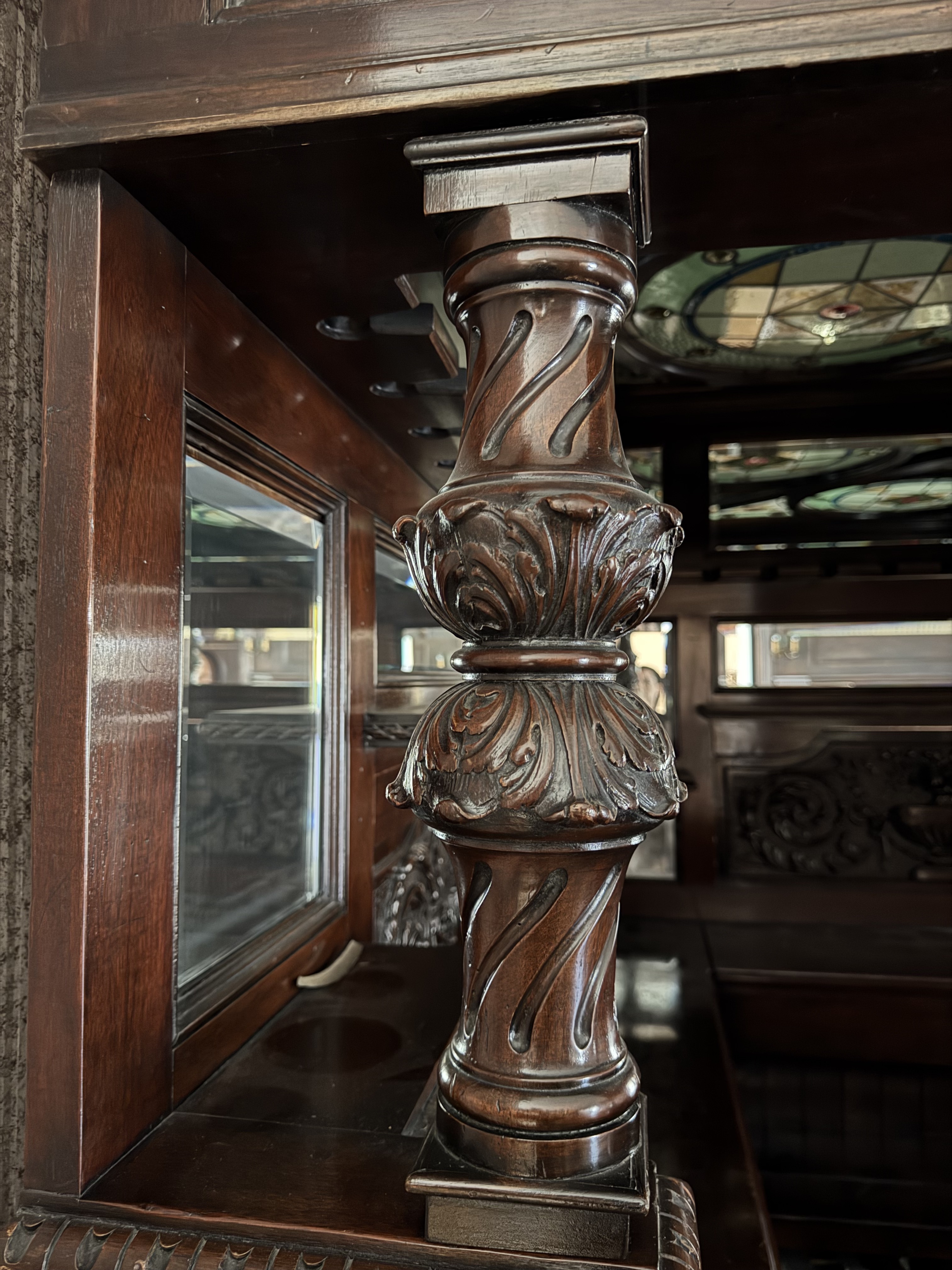English Carved Mahogany Dry Bar with Stained Glass Canopy Ceiling