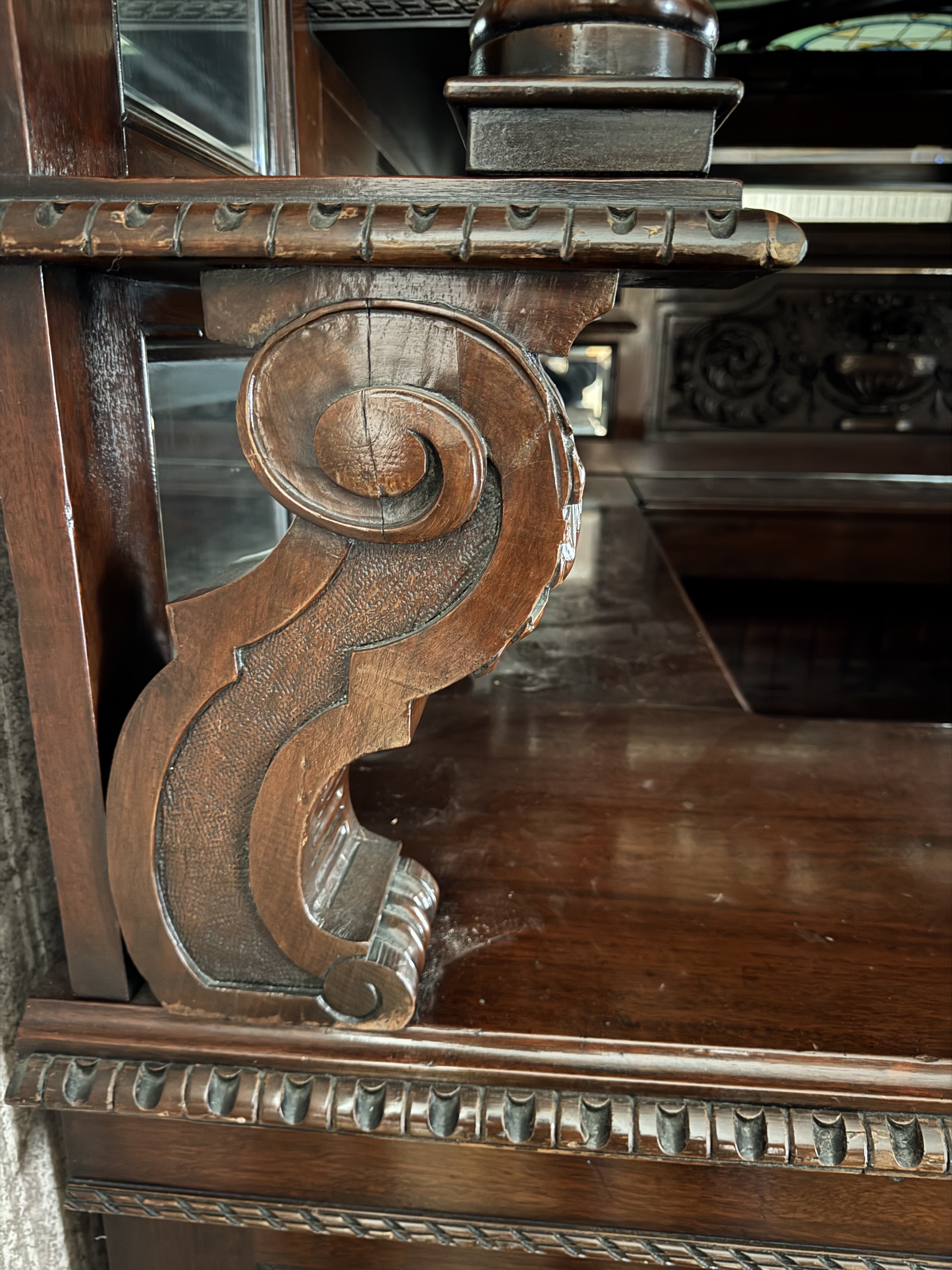 English Carved Mahogany Dry Bar with Stained Glass Canopy Ceiling