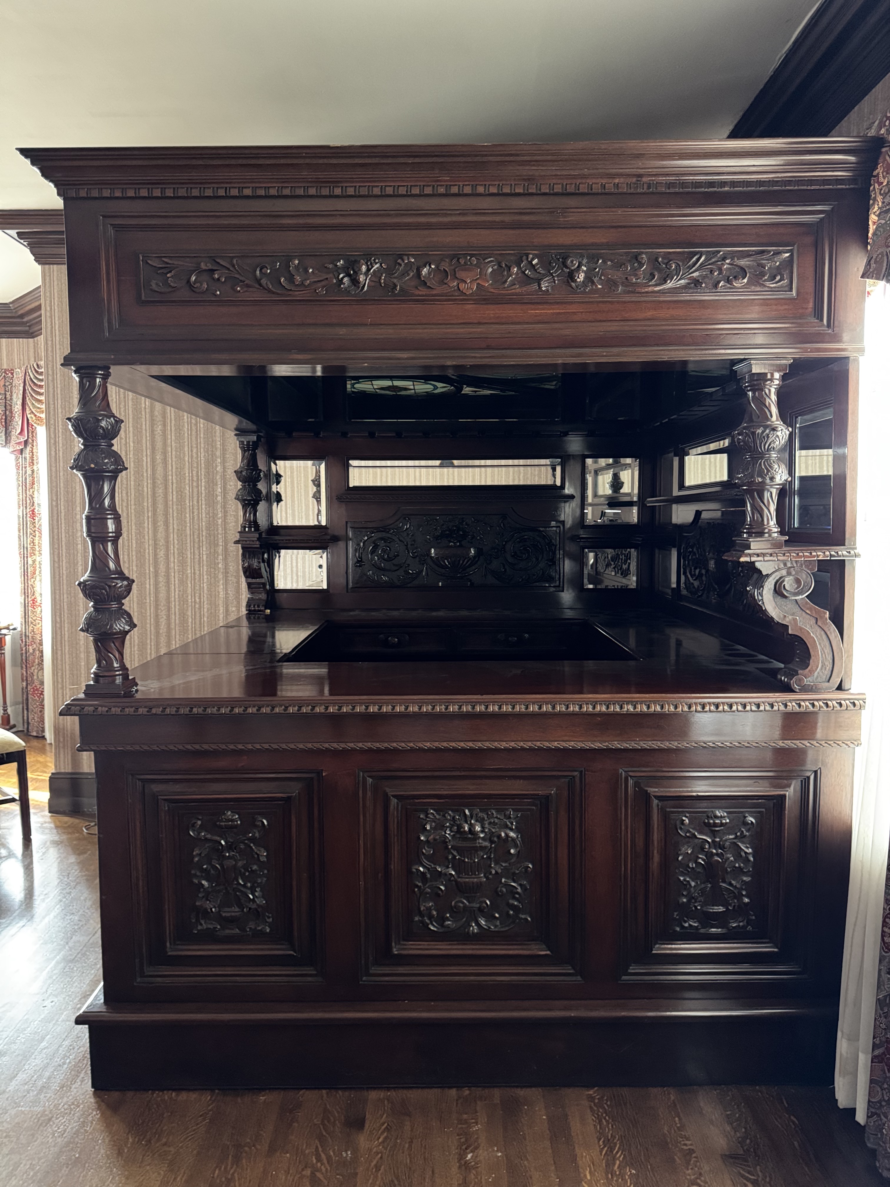 English Carved Mahogany Dry Bar with Stained Glass Canopy Ceiling