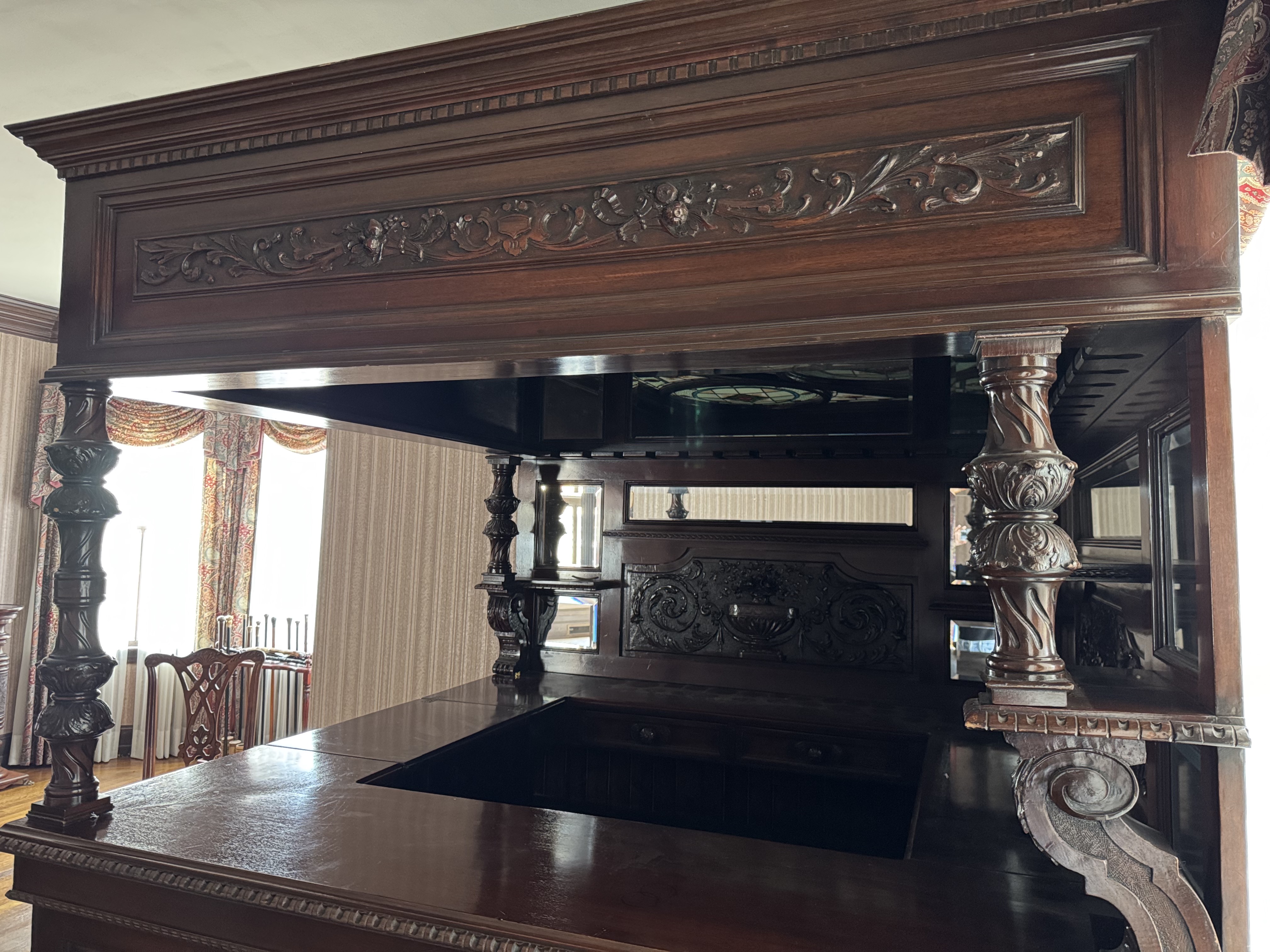 English Carved Mahogany Dry Bar with Stained Glass Canopy Ceiling