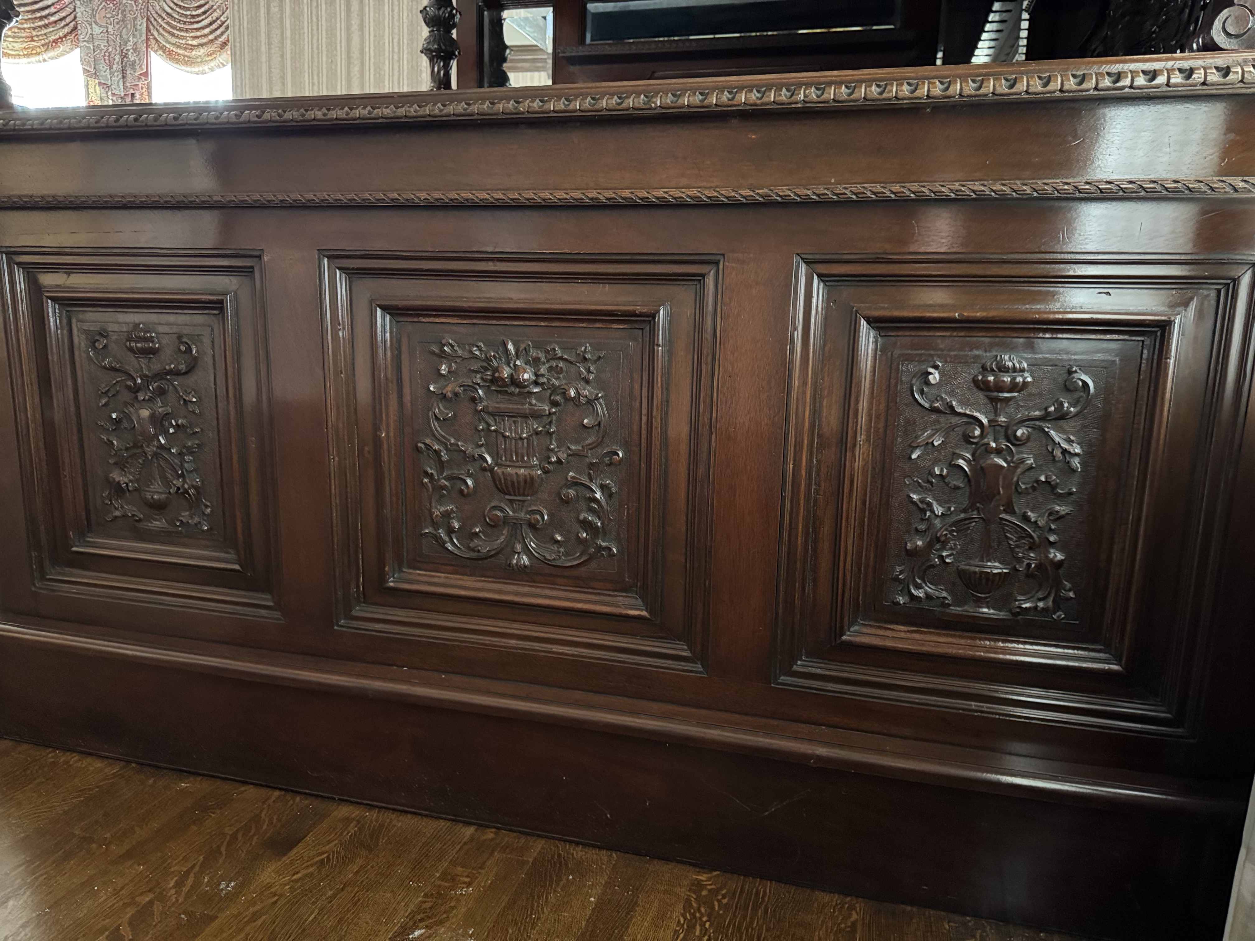 English Carved Mahogany Dry Bar with Stained Glass Canopy Ceiling