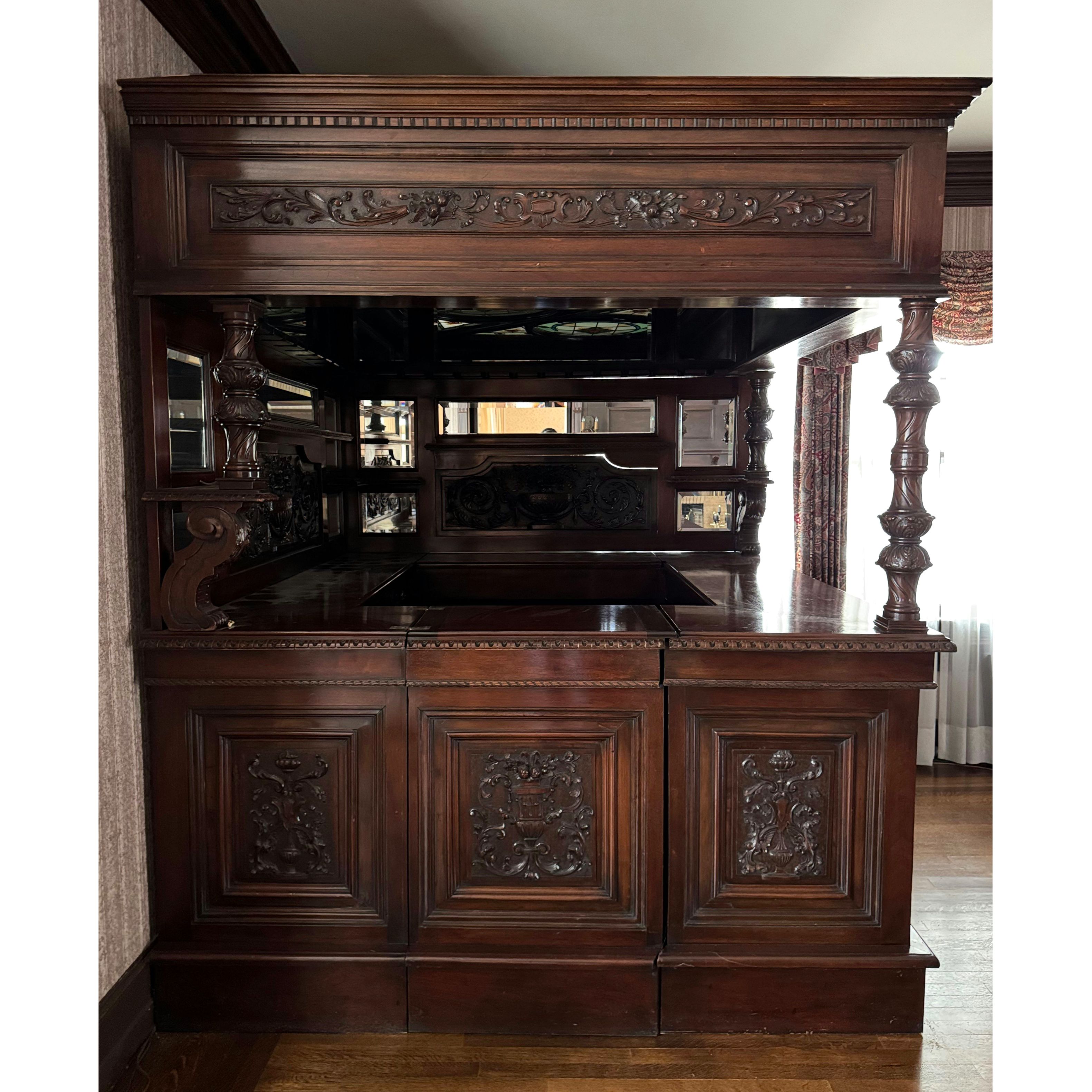 English Carved Mahogany Dry Bar with Stained Glass Canopy Ceiling