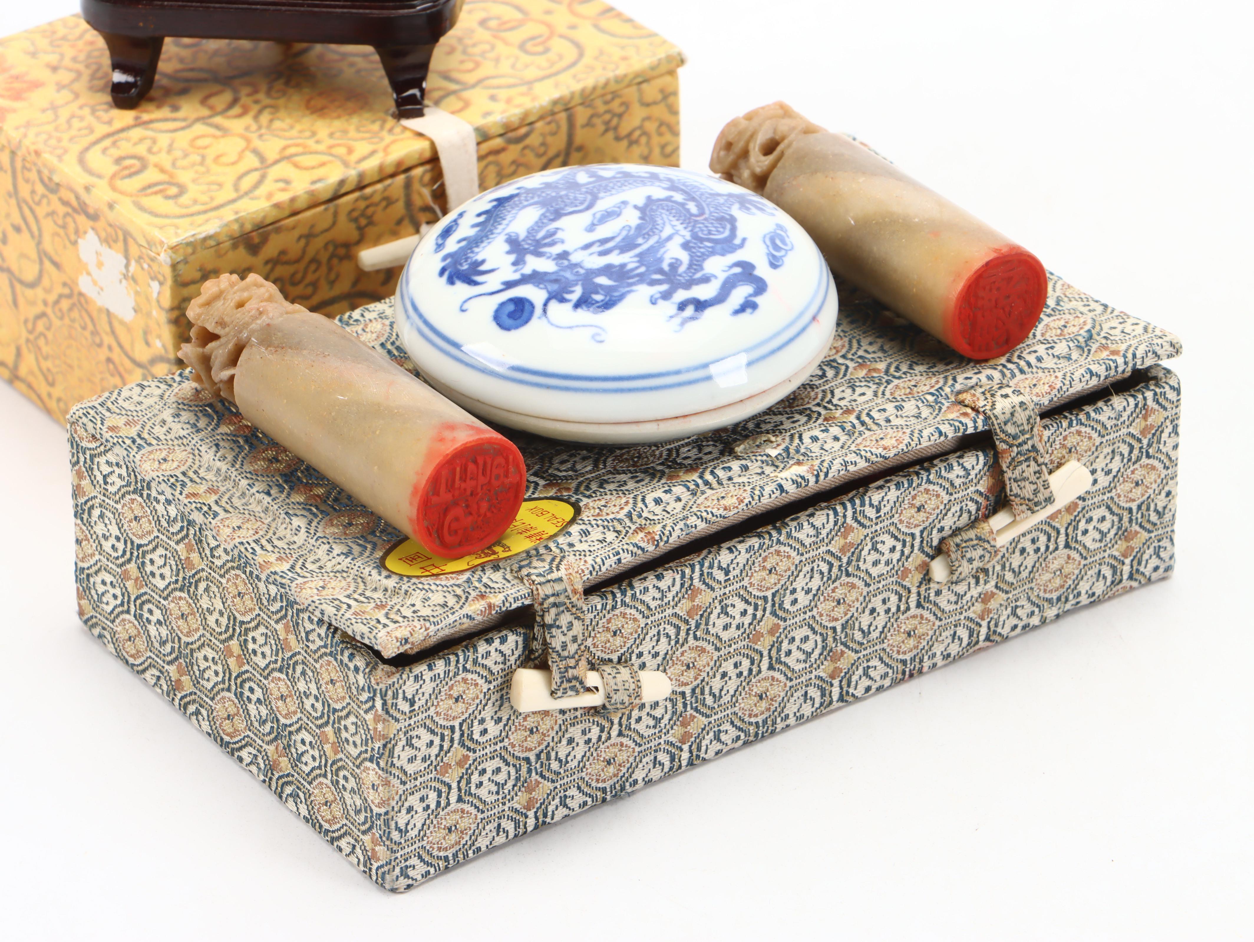 Chinese Carved Serpentine Buddha, Soapstone Stamps, Paste Box and More