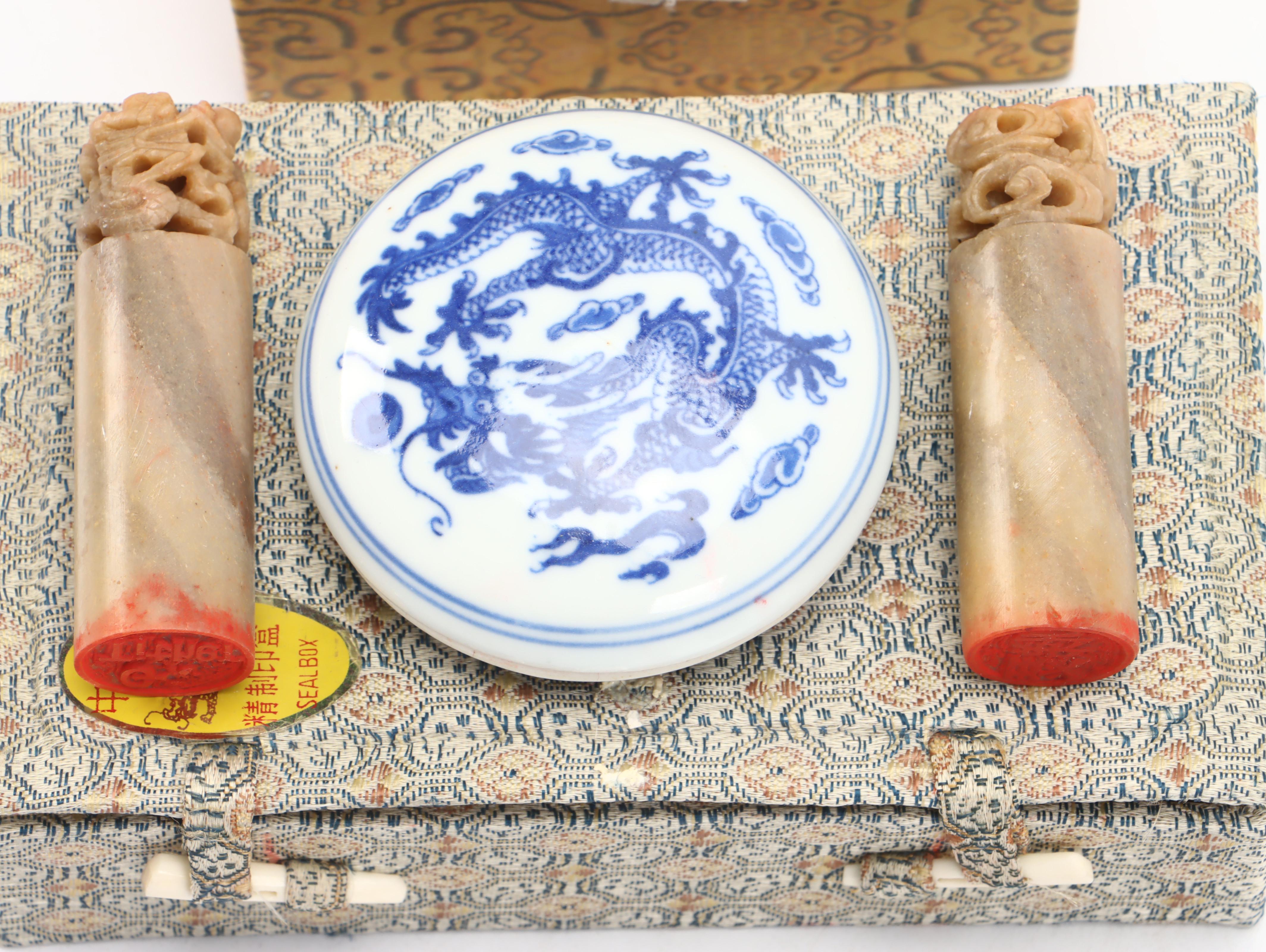 Chinese Carved Serpentine Buddha, Soapstone Stamps, Paste Box and More