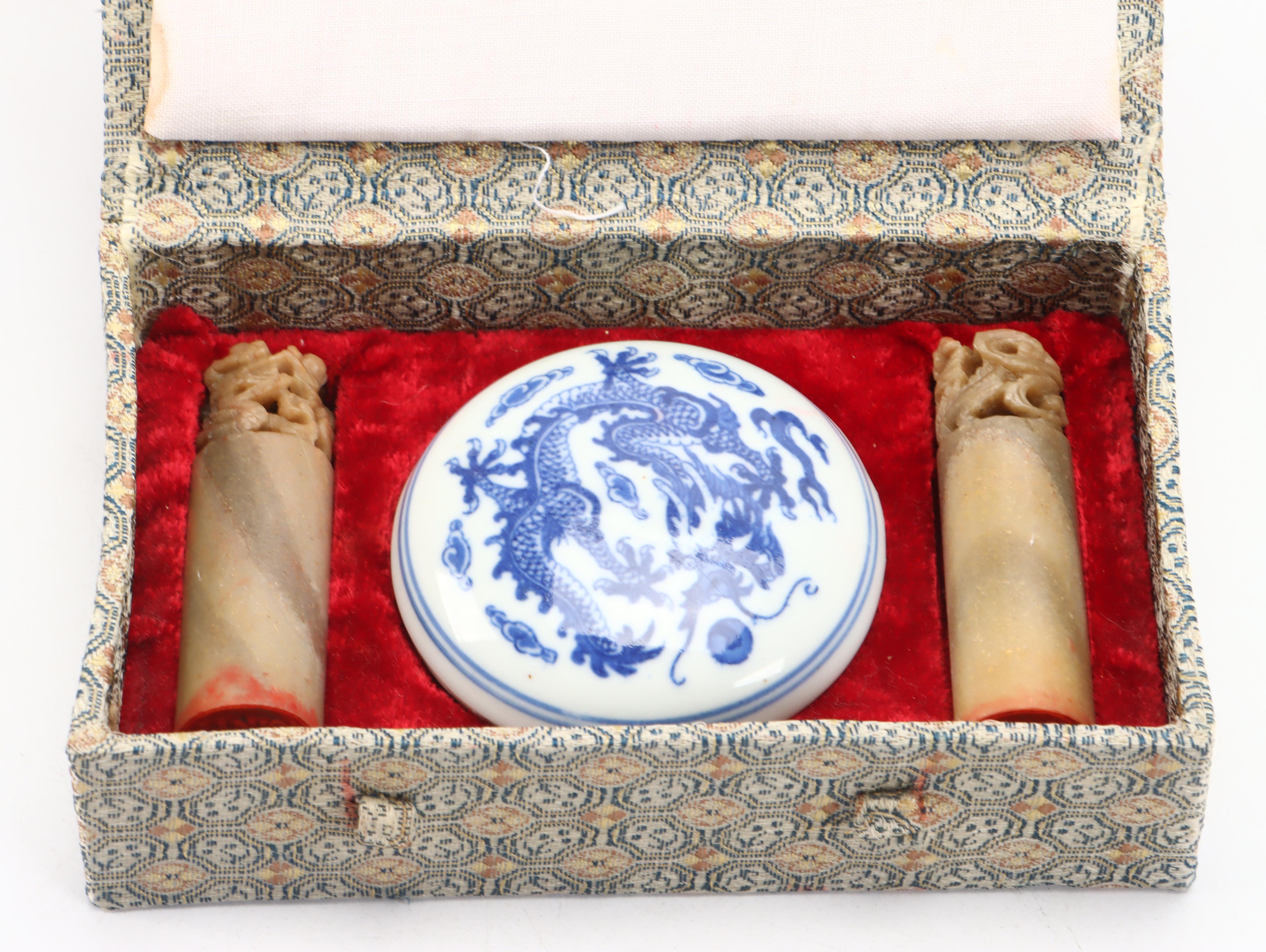 Chinese Carved Serpentine Buddha, Soapstone Stamps, Paste Box and More