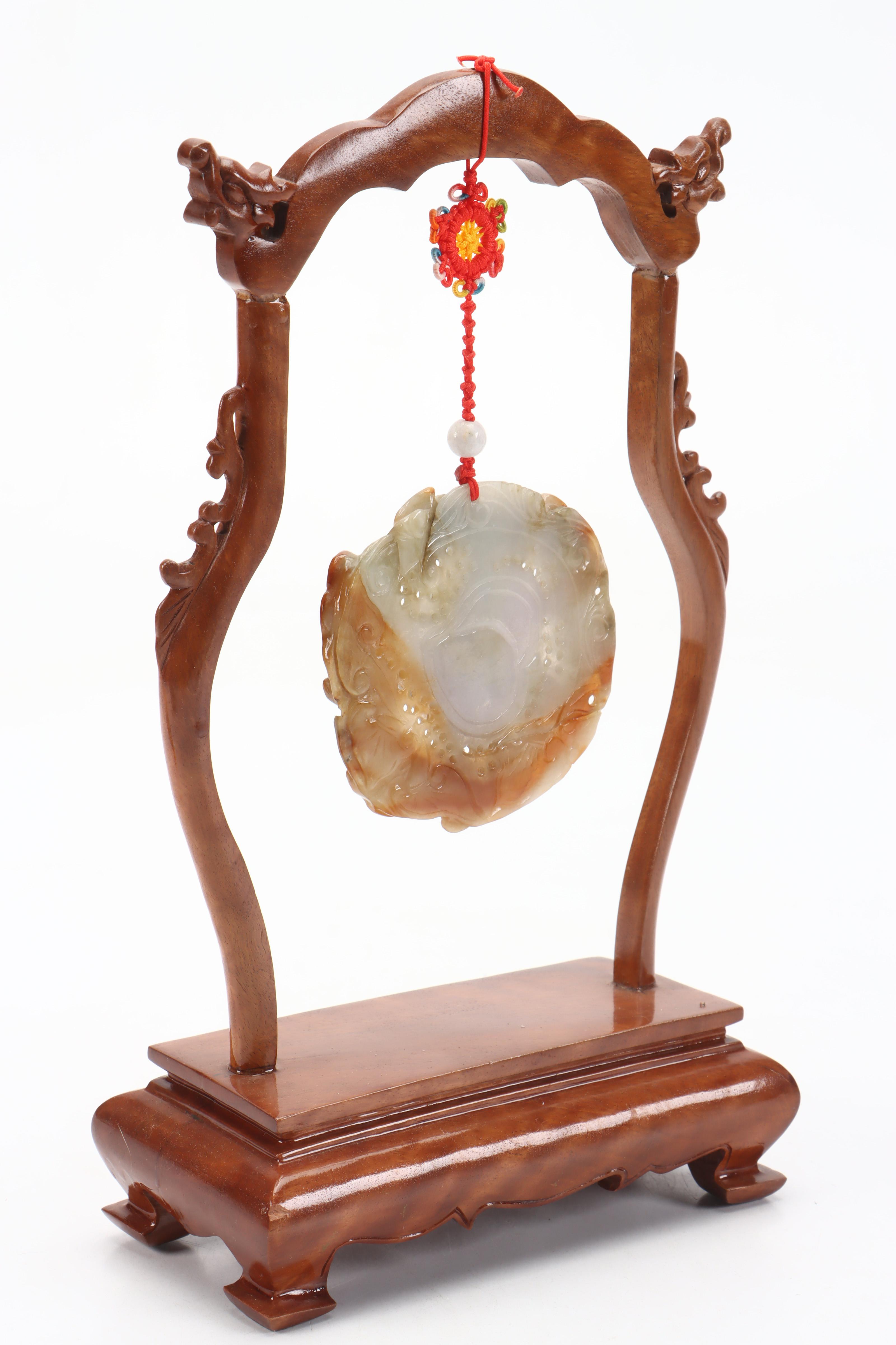 Chinese Carved Jadeite Budai and  Hanging Medallion with Stand