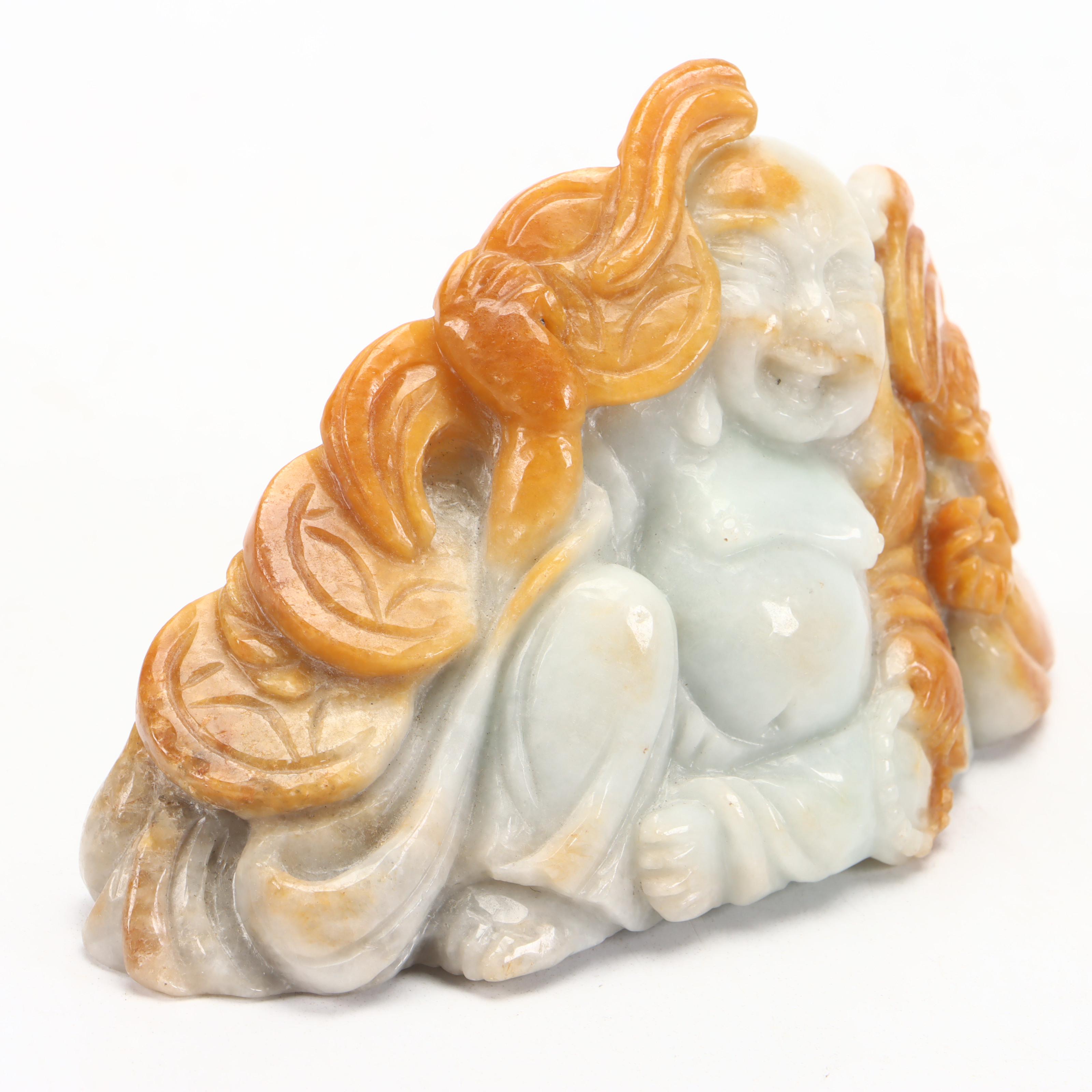 Chinese Carved Jadeite Budai and  Hanging Medallion with Stand