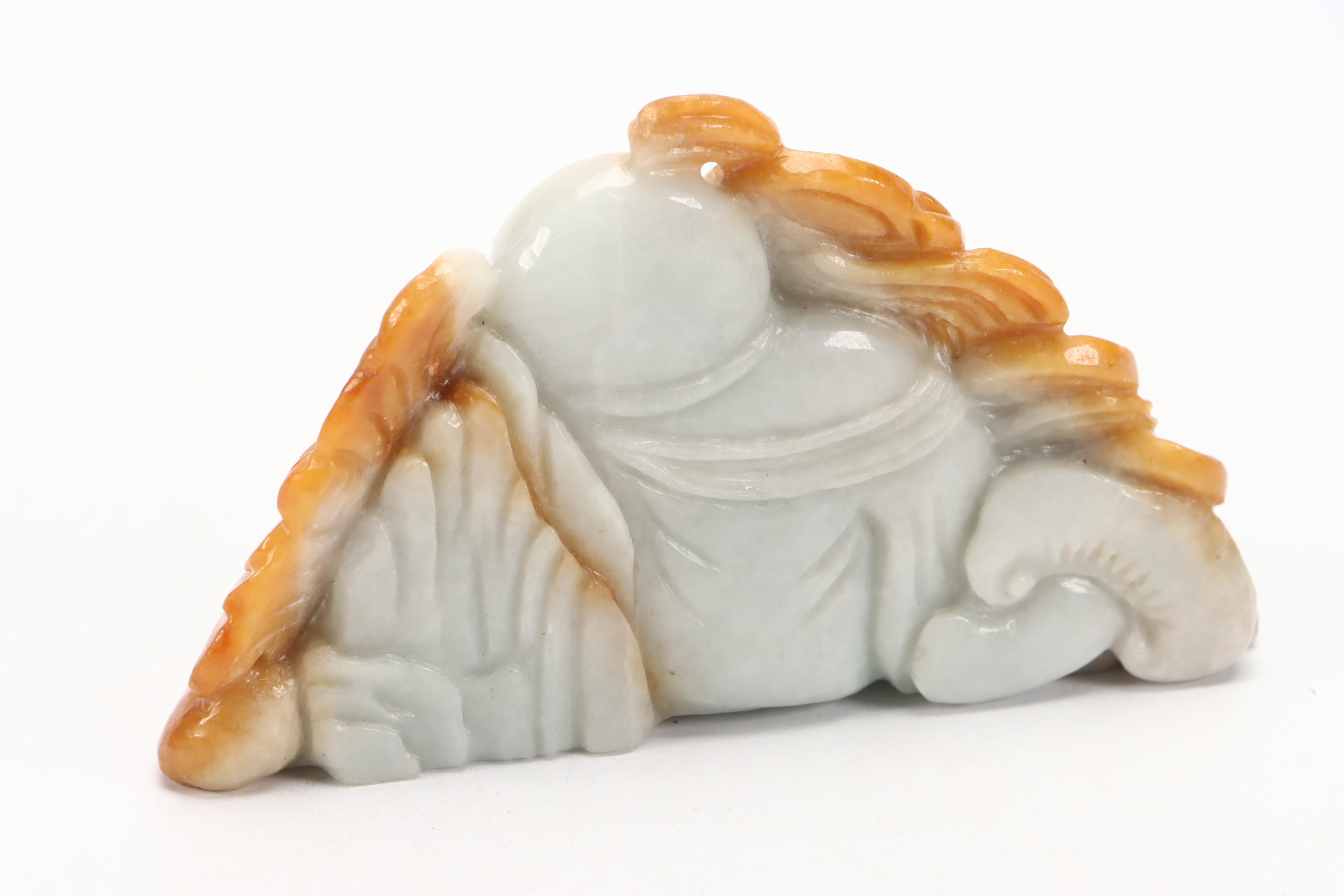 Chinese Carved Jadeite Budai and  Hanging Medallion with Stand