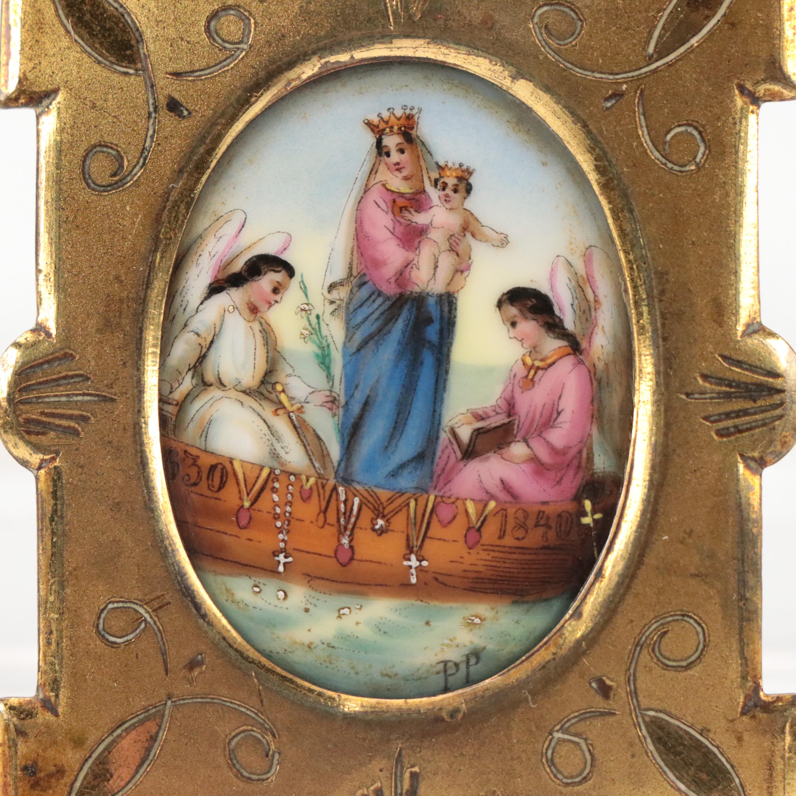 Hand-Painted Porcelain "Madonna and Child" Miniature Plaque in Gilt Metal Frame