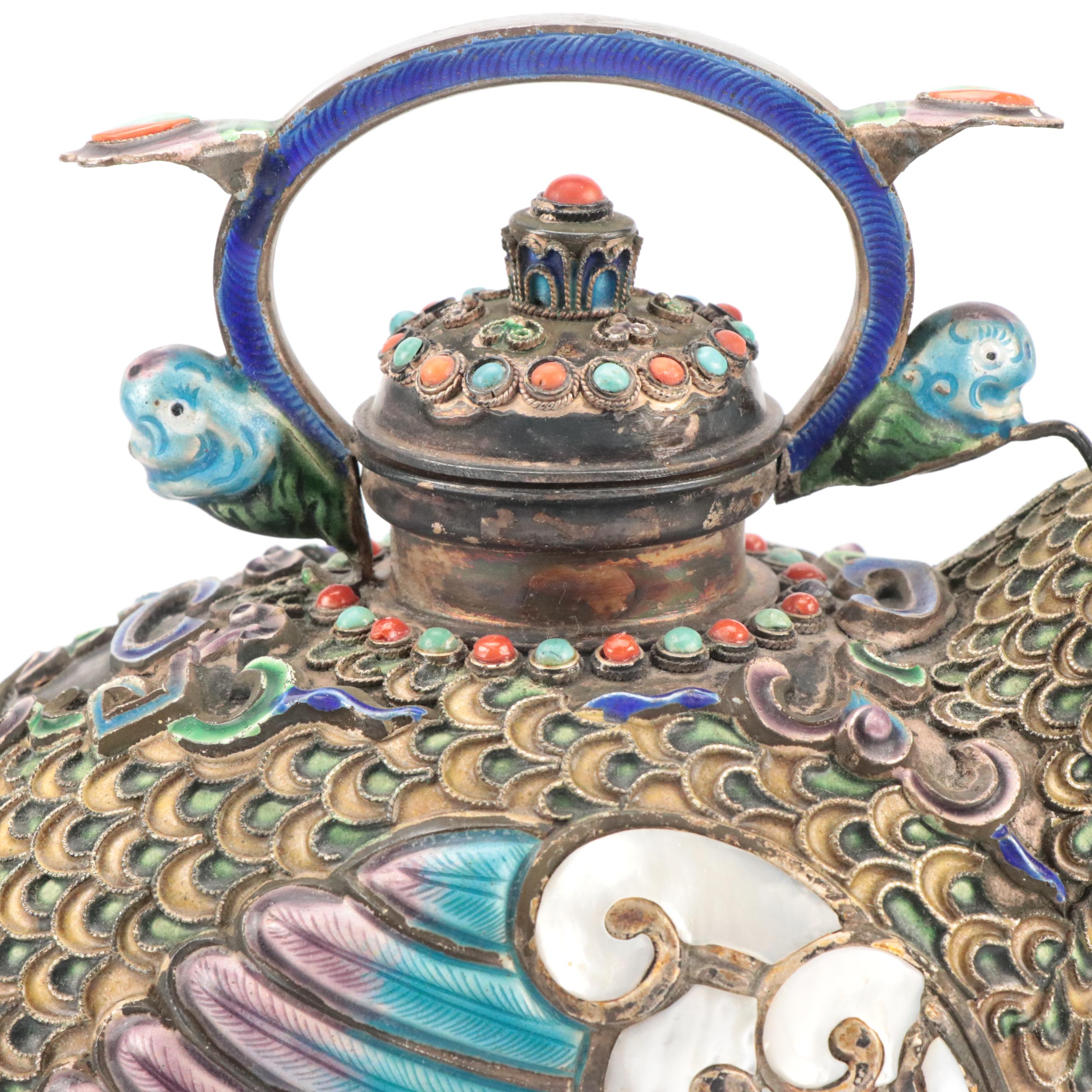 Chinese Champlevé Enamel and Mother-of-Pearl Bird-Shaped Ewer