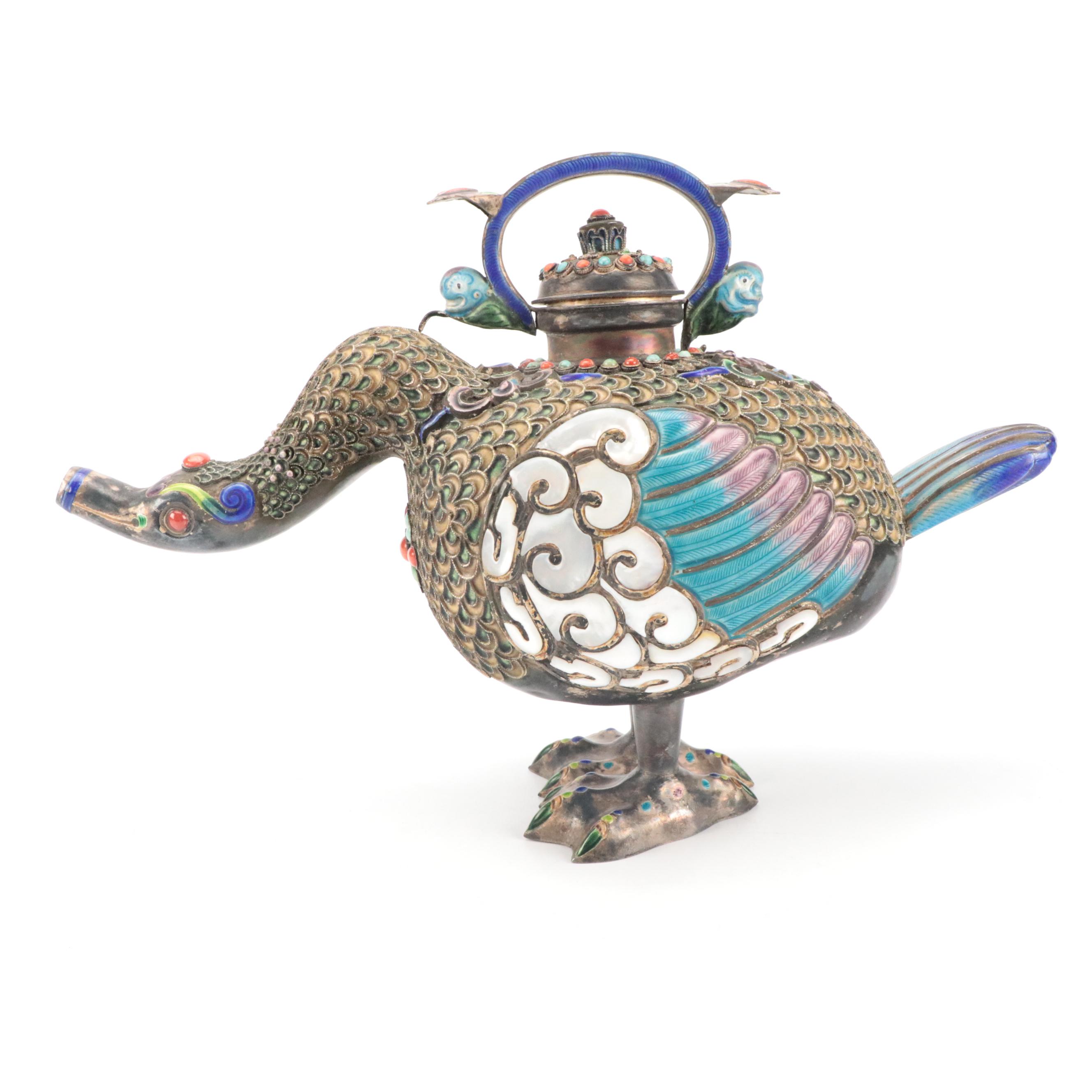 Chinese Champlevé Enamel and Mother-of-Pearl Bird-Shaped Ewer