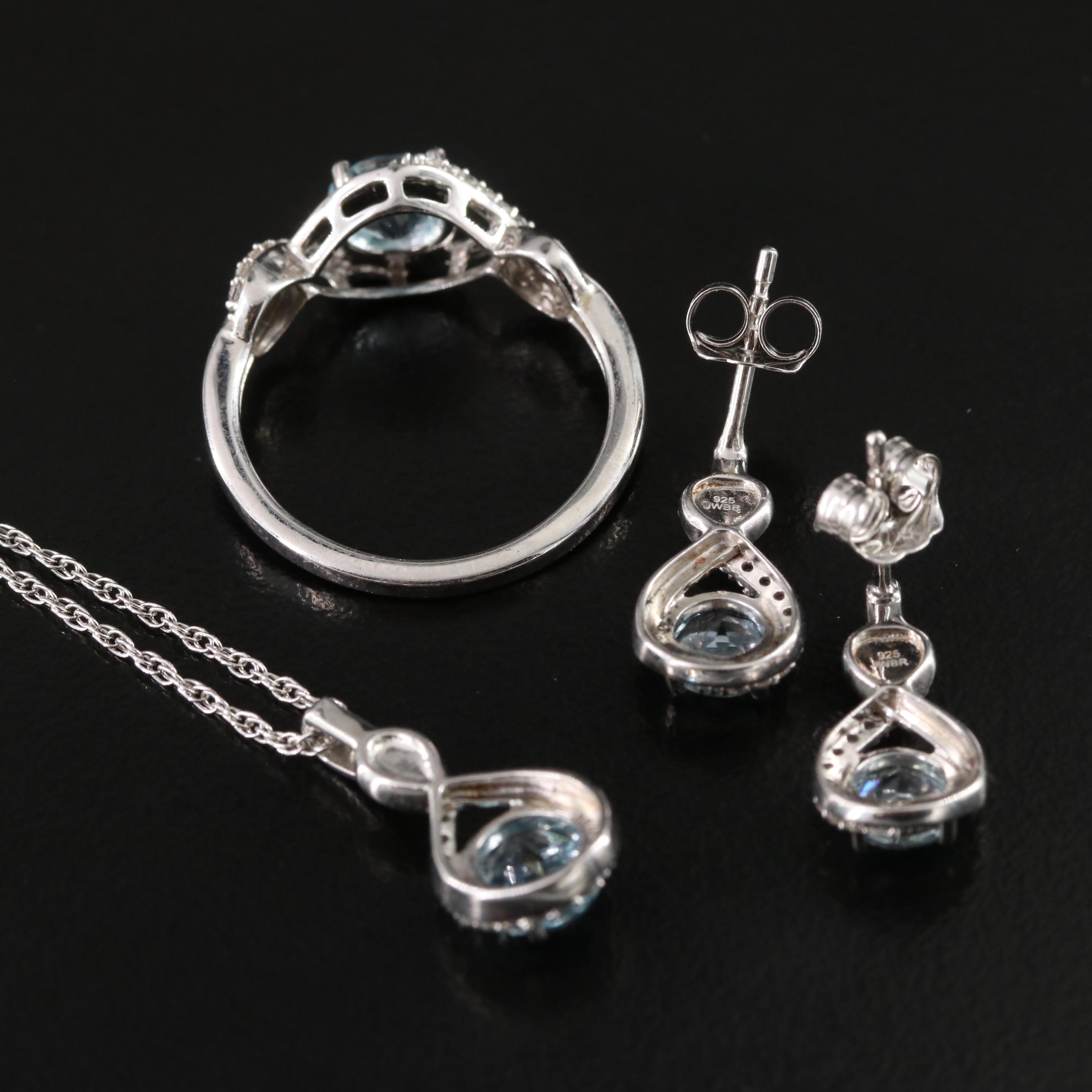 Sterling, Topaz and White Sapphire Pendant Necklace, Ring and Earring Set