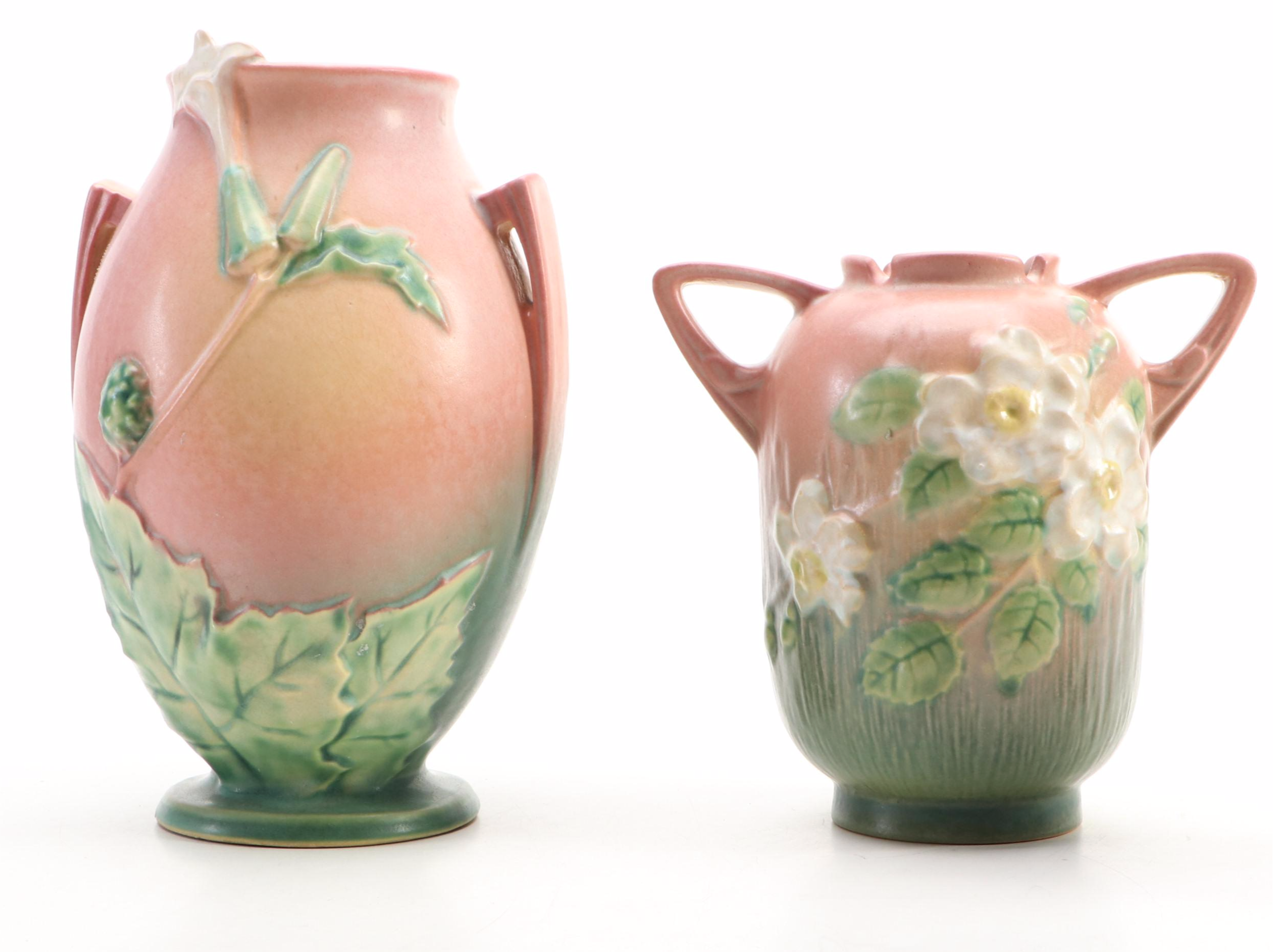 Roseville Pottery White Rose and Thornapple Vases