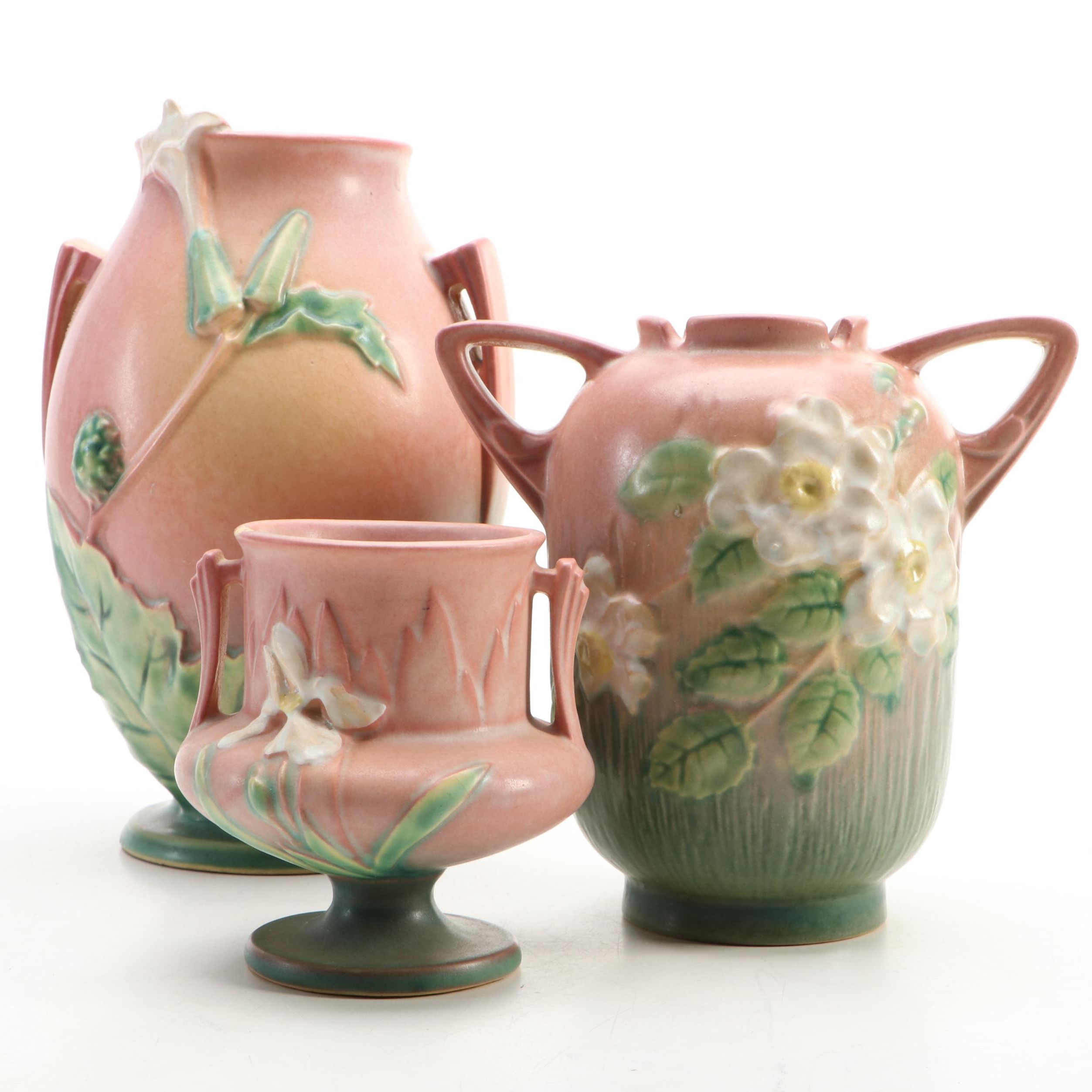 Roseville Pottery White Rose and Thornapple Vases