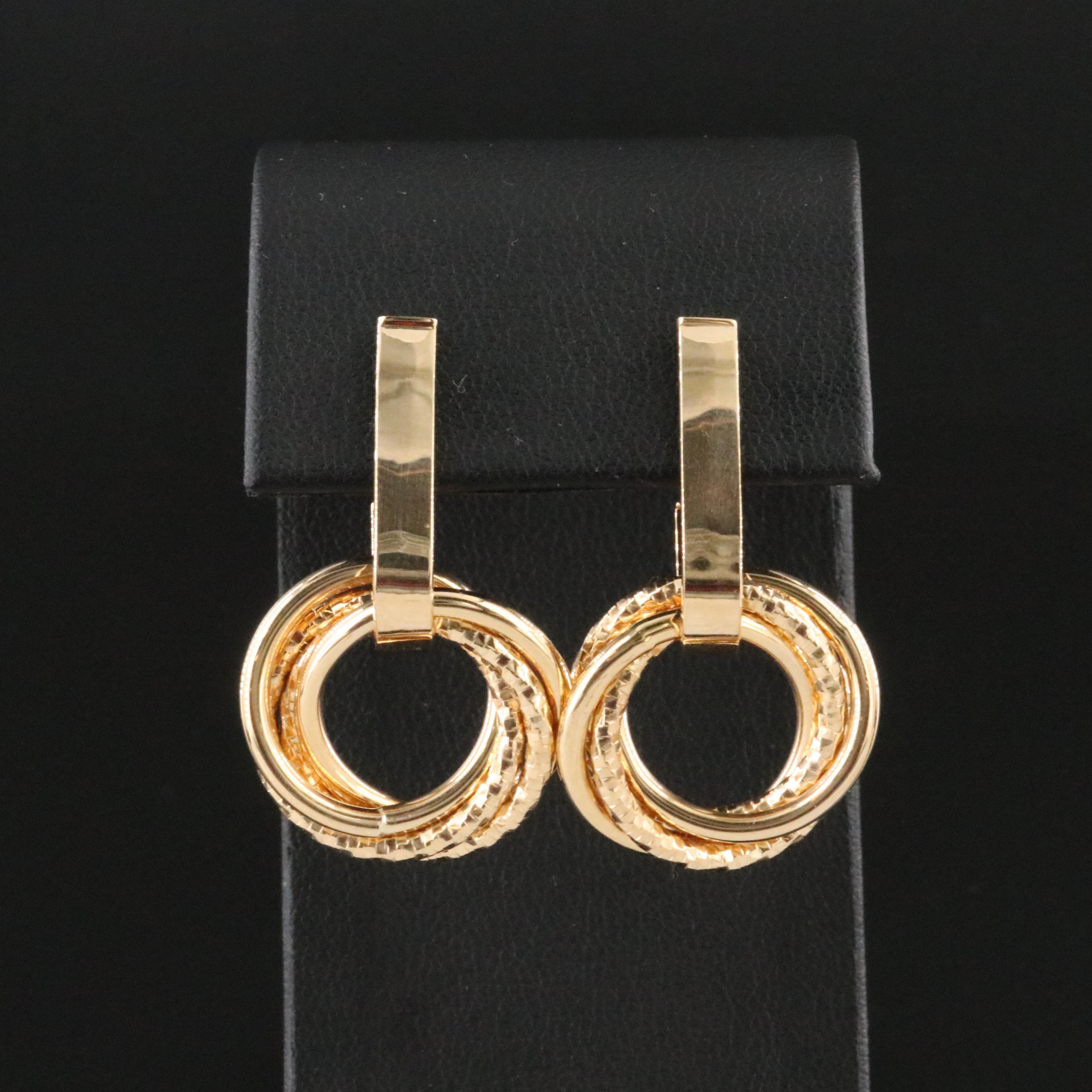 14K J-Hoop Diamond Cut Interlocking Circle Drop Earrings