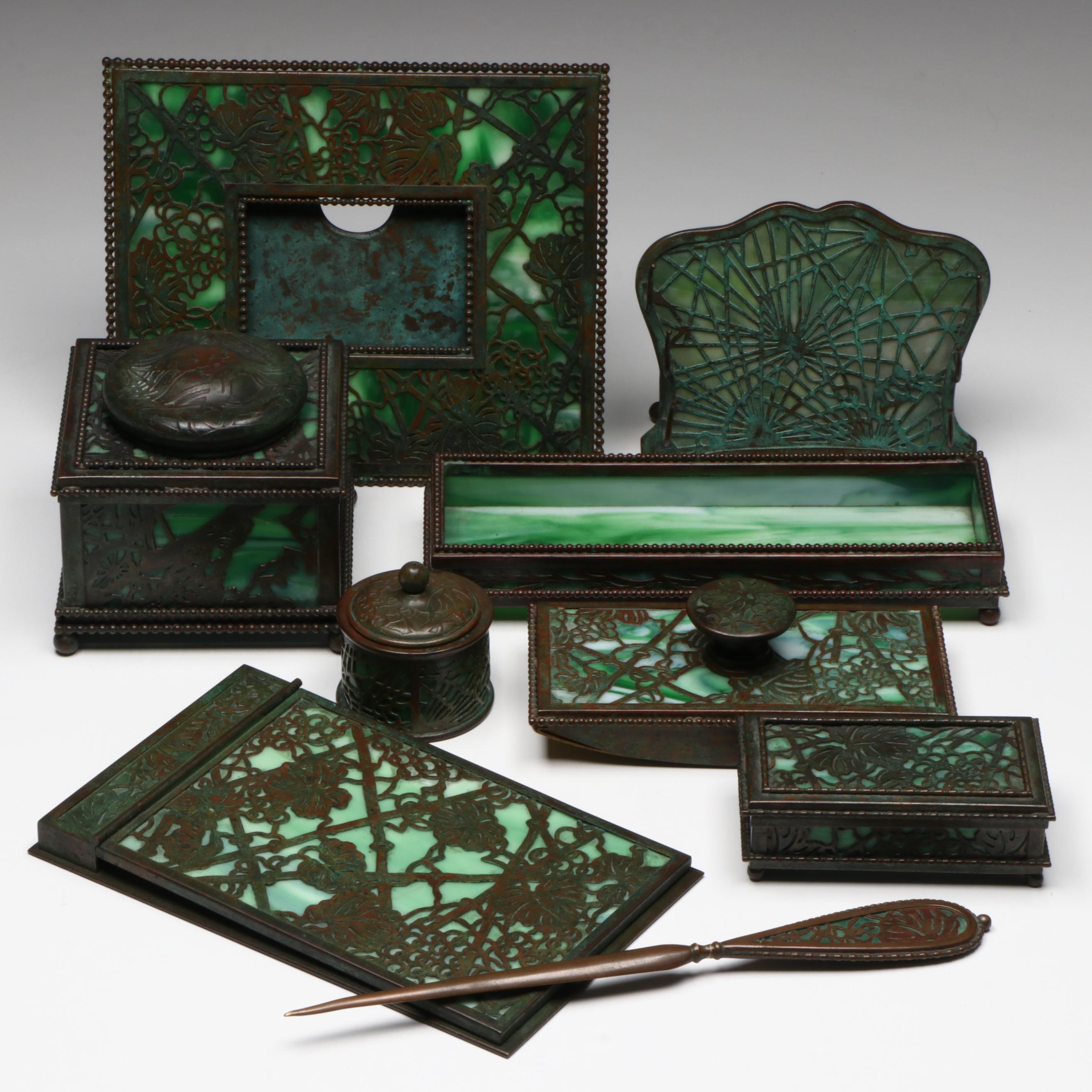 Tiffany Studios "Grapevine" Bronze and Green Slag Glass Desk Set