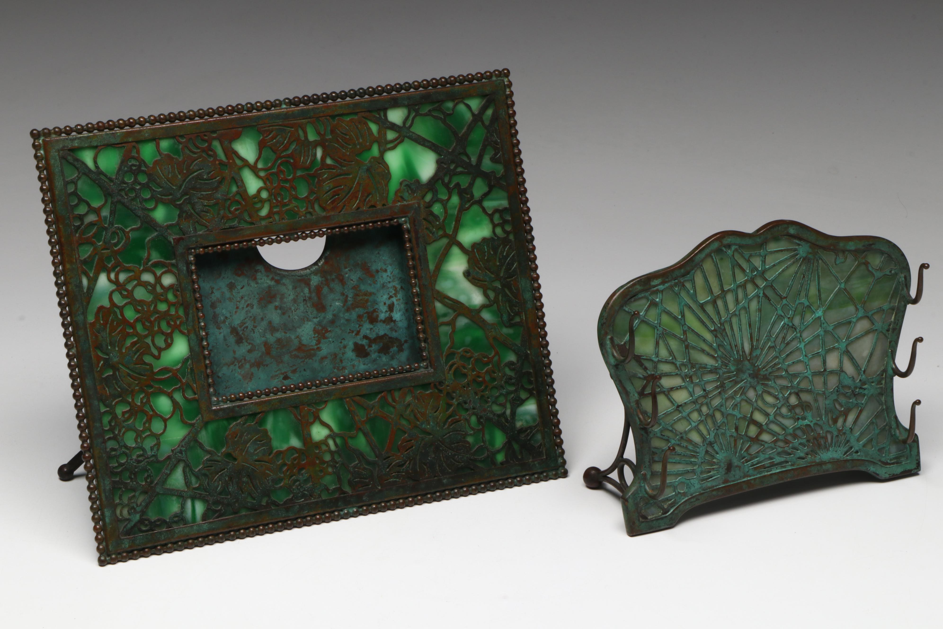 Tiffany Studios "Grapevine" Bronze and Green Slag Glass Desk Set