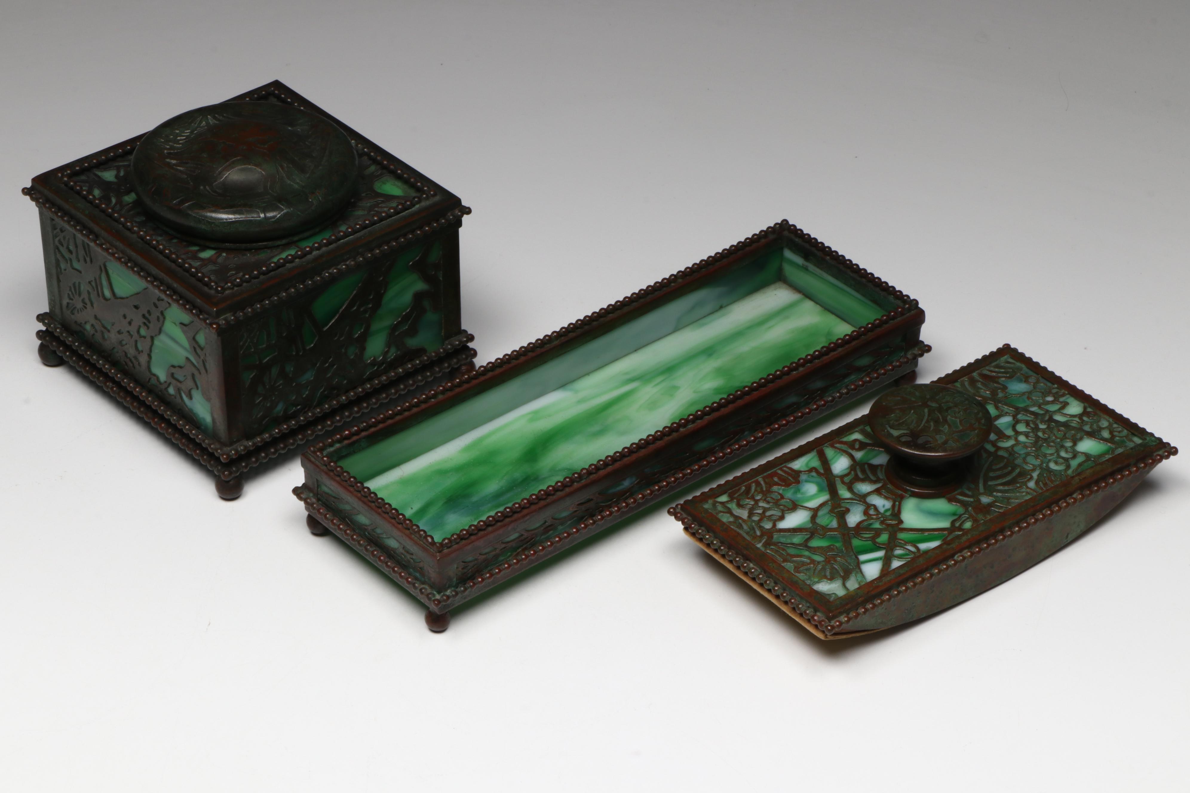 Tiffany Studios "Grapevine" Bronze and Green Slag Glass Desk Set