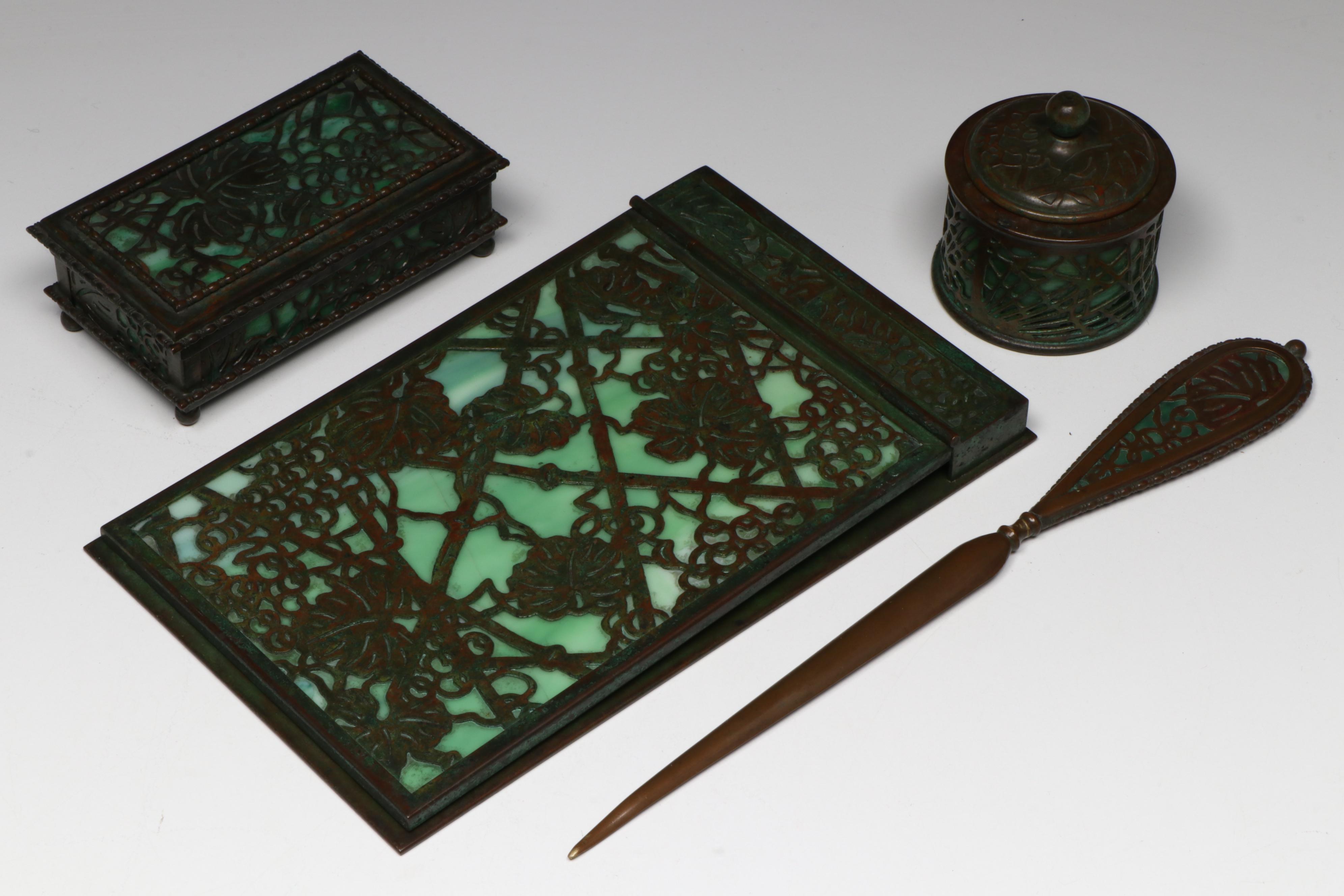 Tiffany Studios "Grapevine" Bronze and Green Slag Glass Desk Set