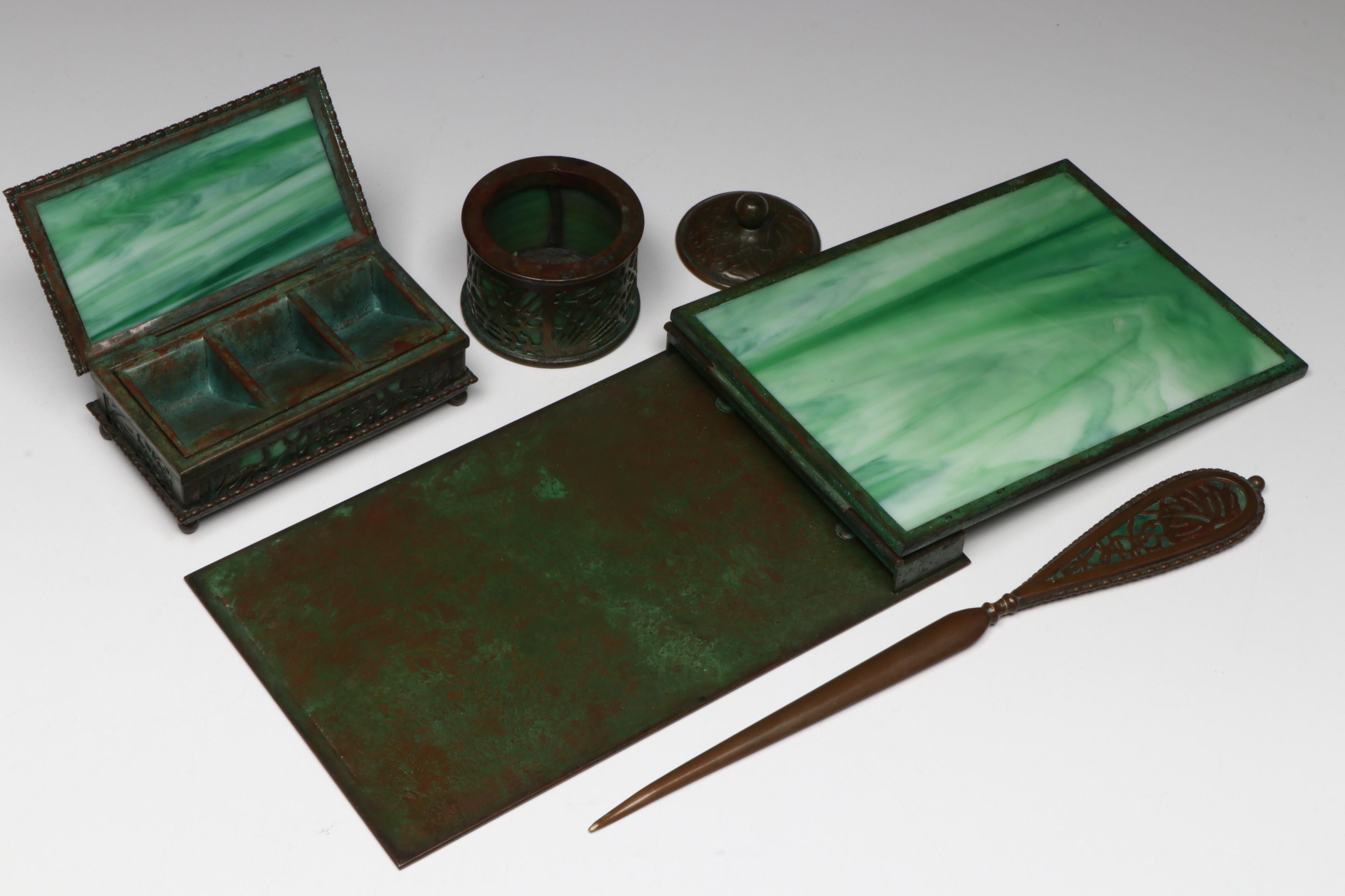 Tiffany Studios "Grapevine" Bronze and Green Slag Glass Desk Set