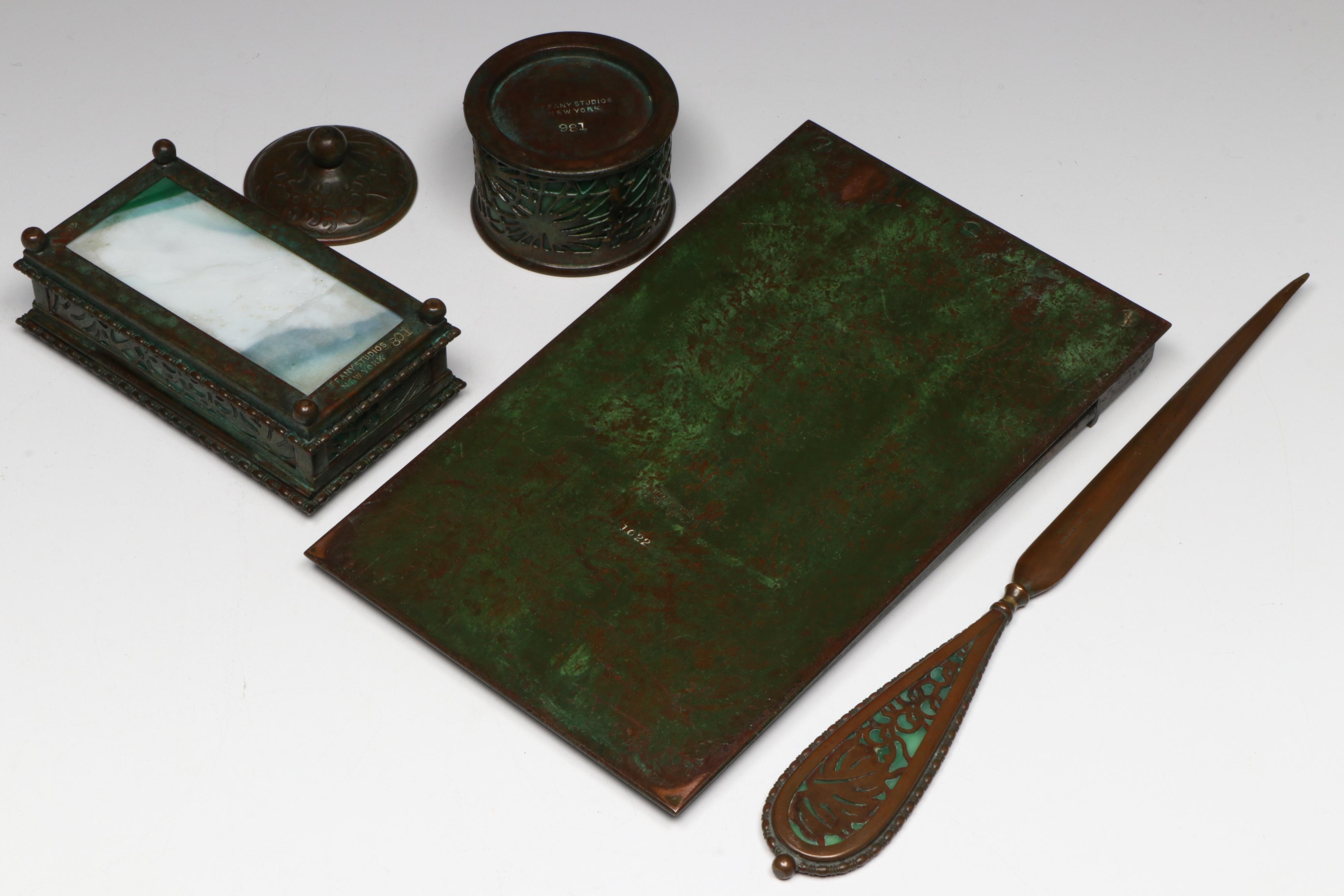 Tiffany Studios "Grapevine" Bronze and Green Slag Glass Desk Set