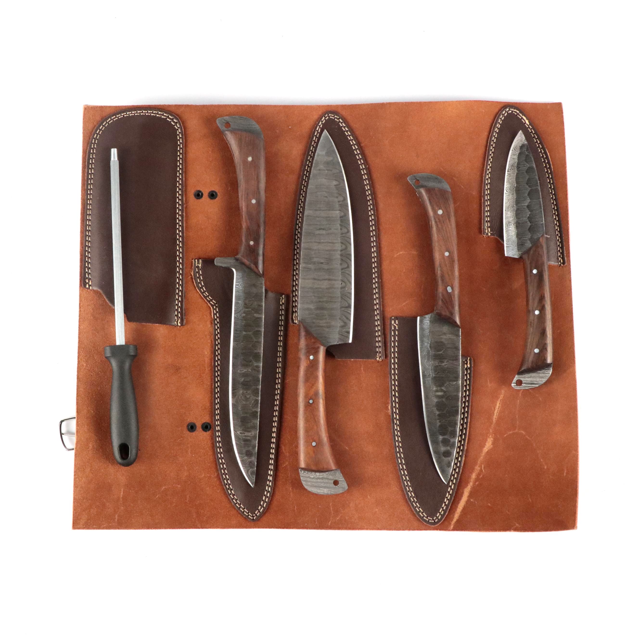 Damascus Steel and Wooden Handled Chef's Knife Set in Leather Roll