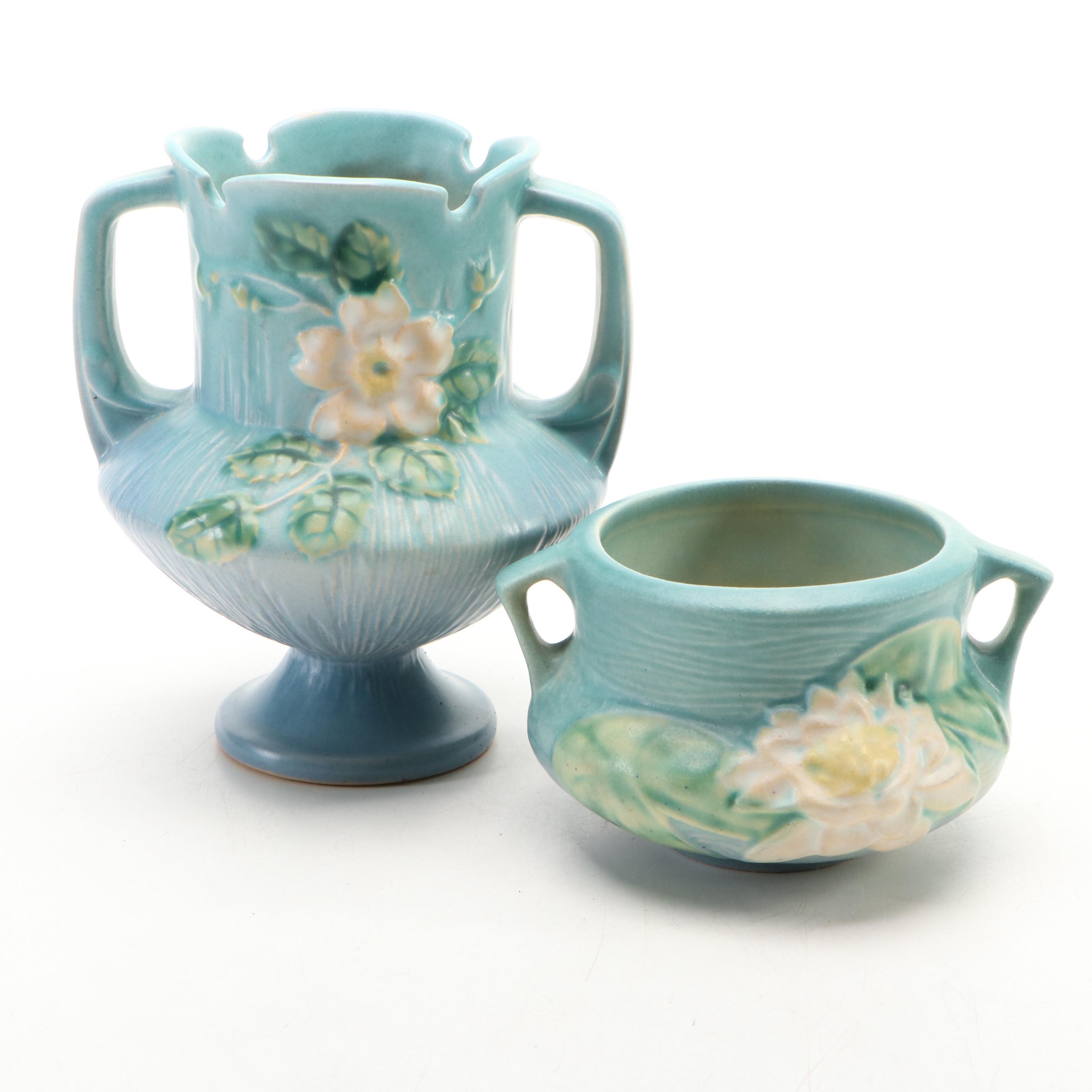 Roseville Pottery White Rose Footed Vase and Water Lily Handled Cachepot