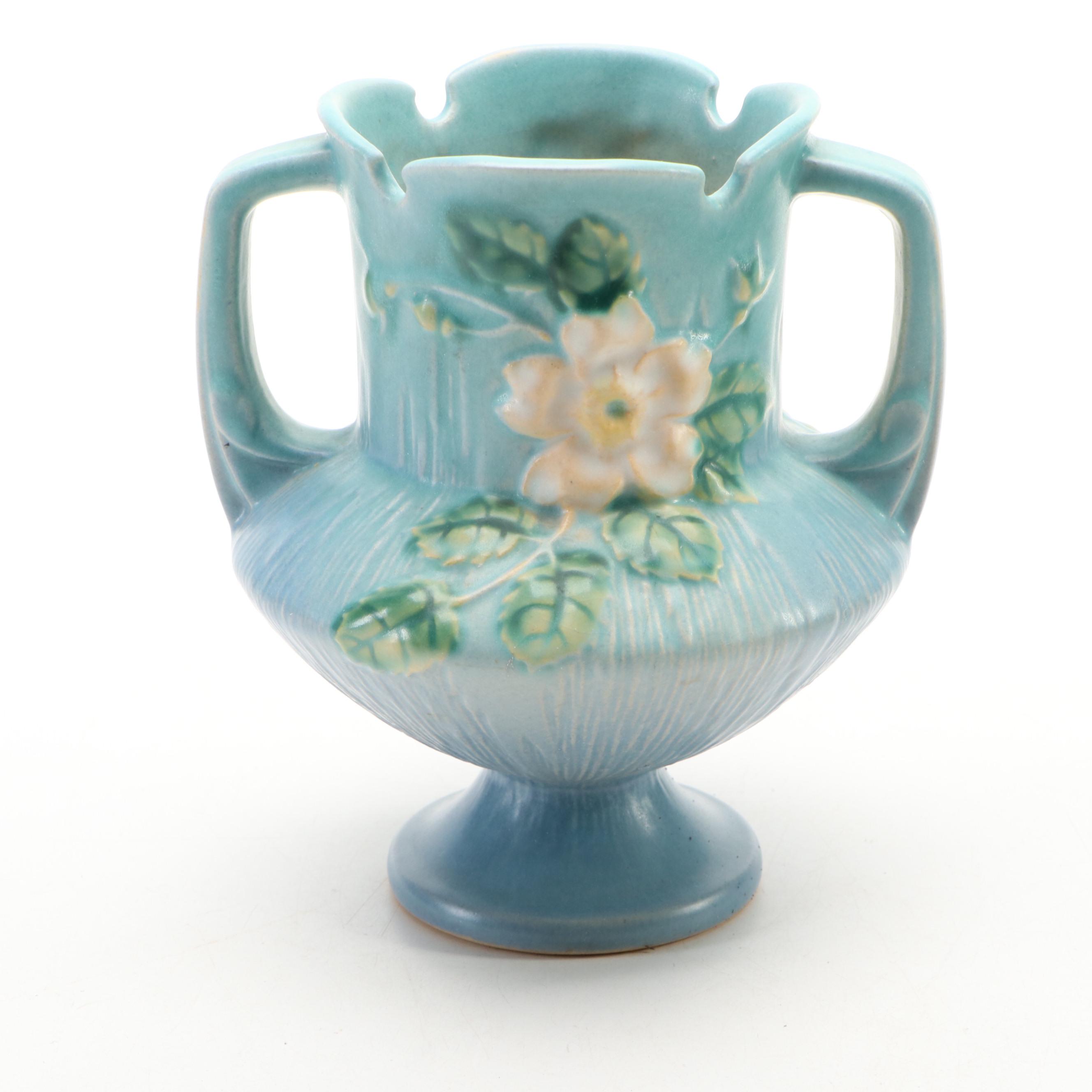 Roseville Pottery White Rose Footed Vase and Water Lily Handled Cachepot