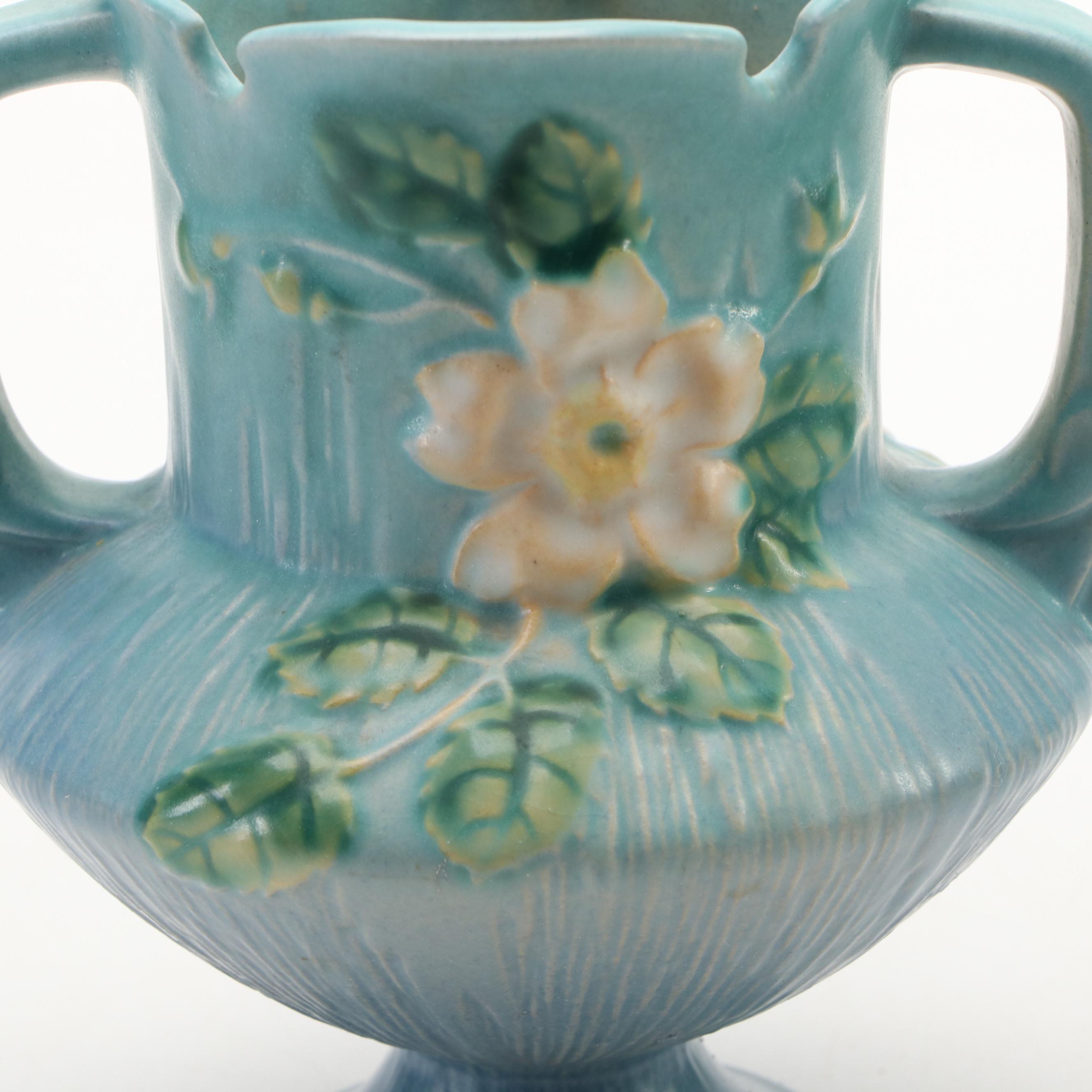 Roseville Pottery White Rose Footed Vase and Water Lily Handled Cachepot