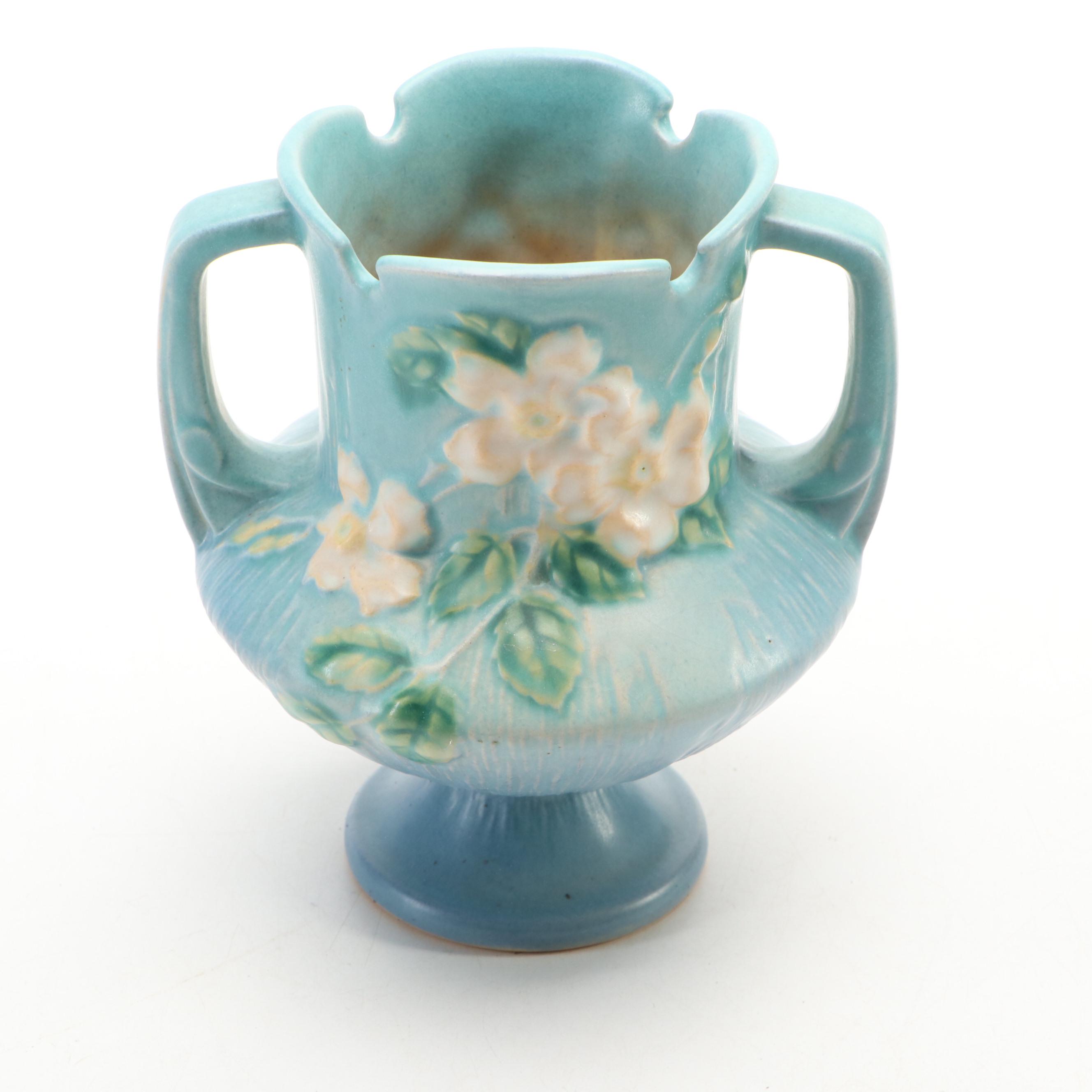 Roseville Pottery White Rose Footed Vase and Water Lily Handled Cachepot