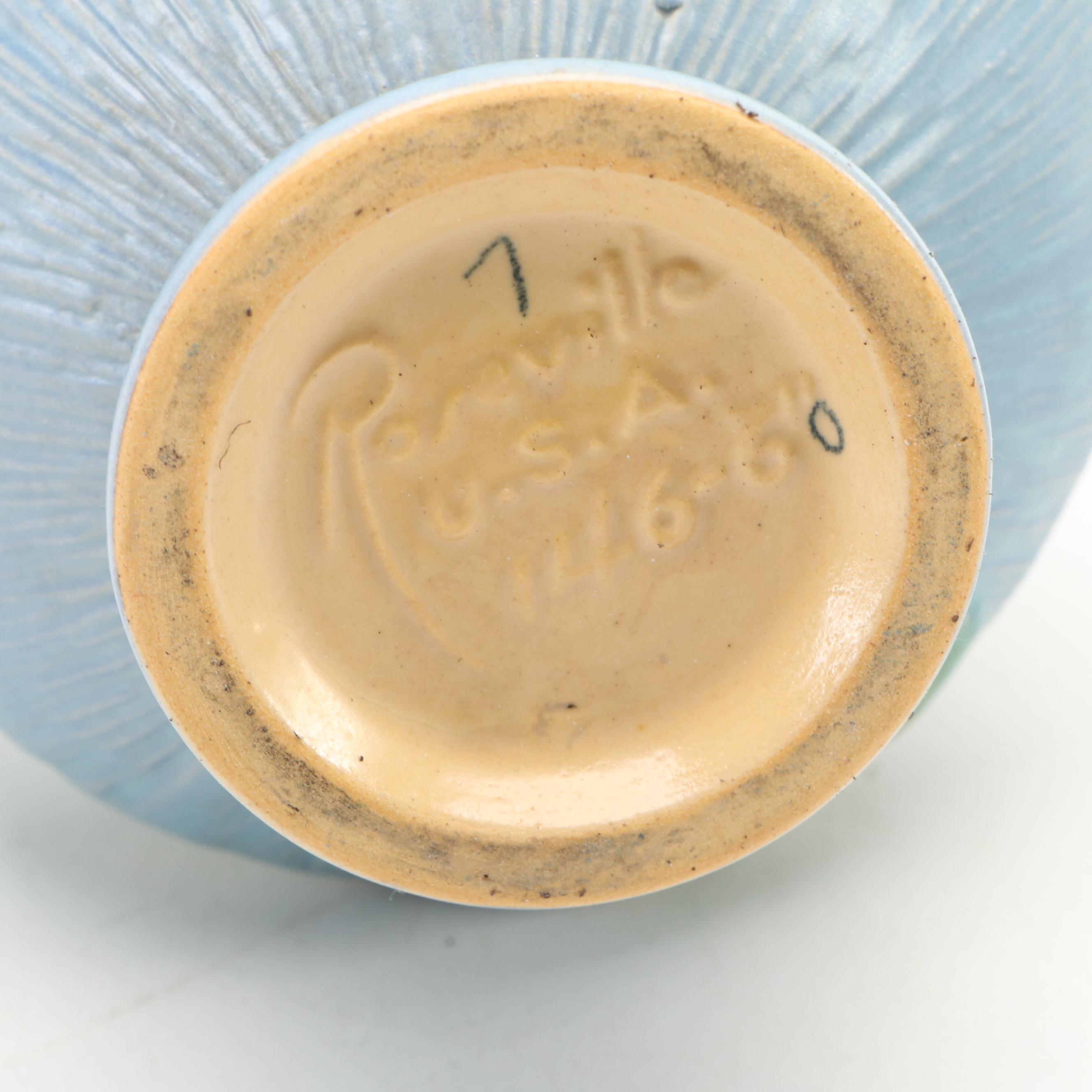 Roseville Pottery White Rose Footed Vase and Water Lily Handled Cachepot