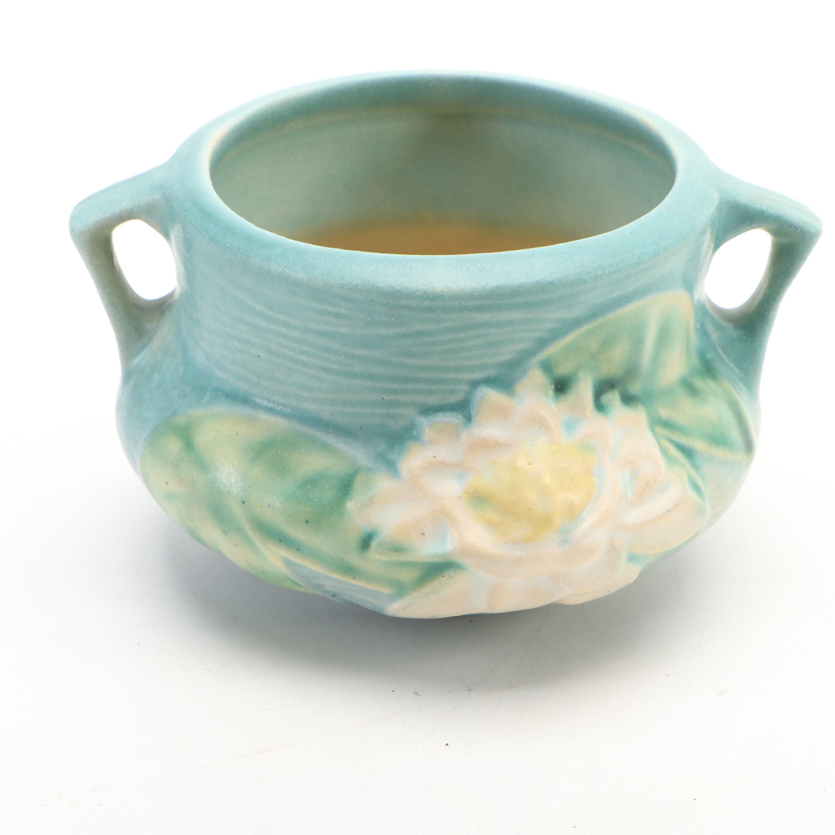 Roseville Pottery White Rose Footed Vase and Water Lily Handled Cachepot