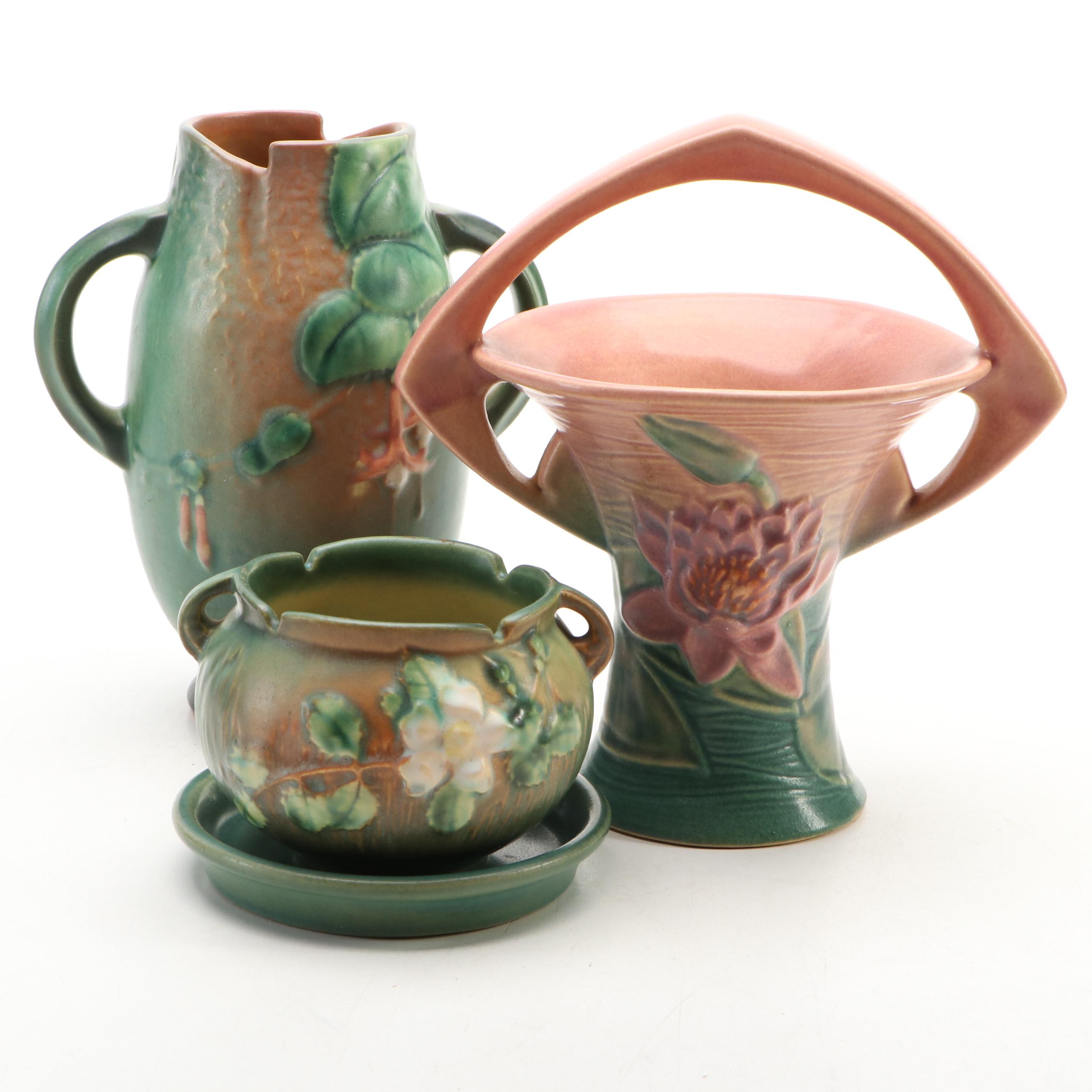 Roseville Pottery White Rose Cachepot with Tray, Fuchsia & Water Lily Vases