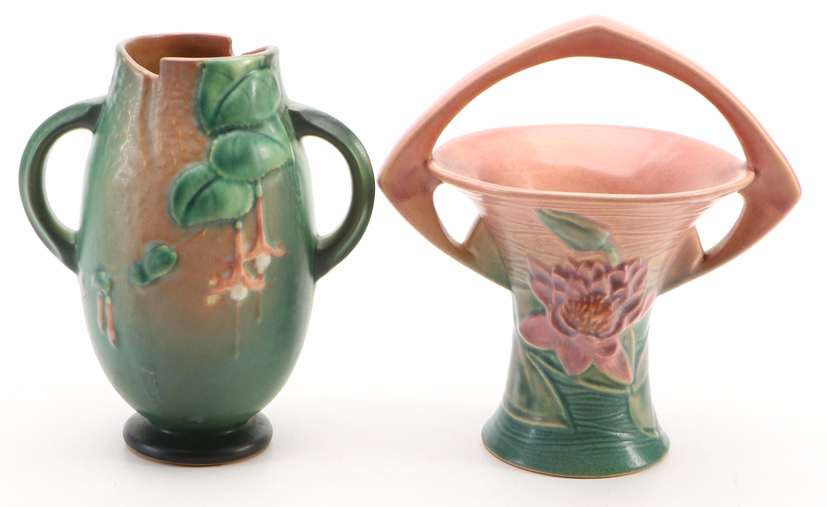 Roseville Pottery White Rose Cachepot with Tray, Fuchsia & Water Lily Vases