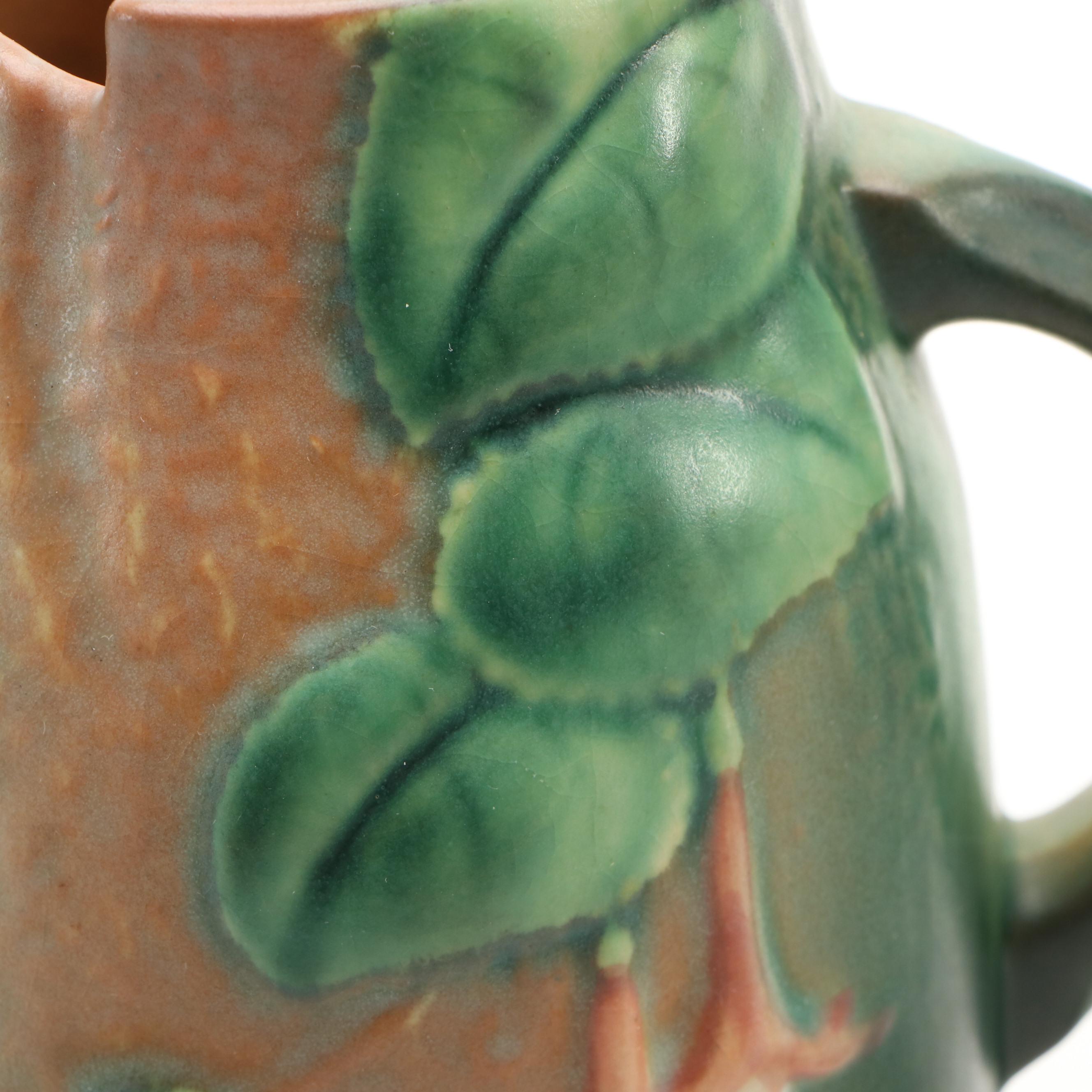 Roseville Pottery White Rose Cachepot with Tray, Fuchsia & Water Lily Vases