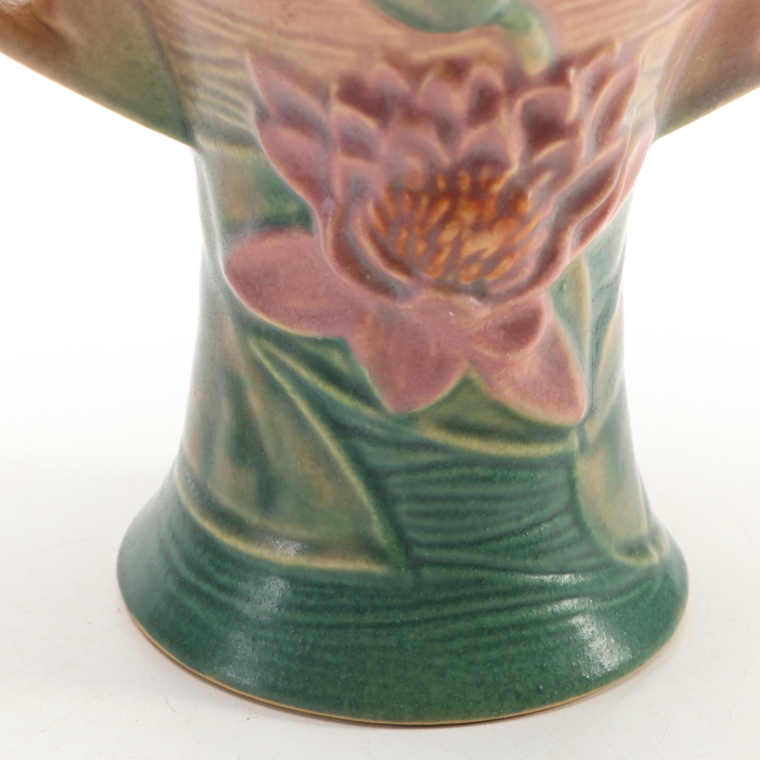 Roseville Pottery White Rose Cachepot with Tray, Fuchsia & Water Lily Vases