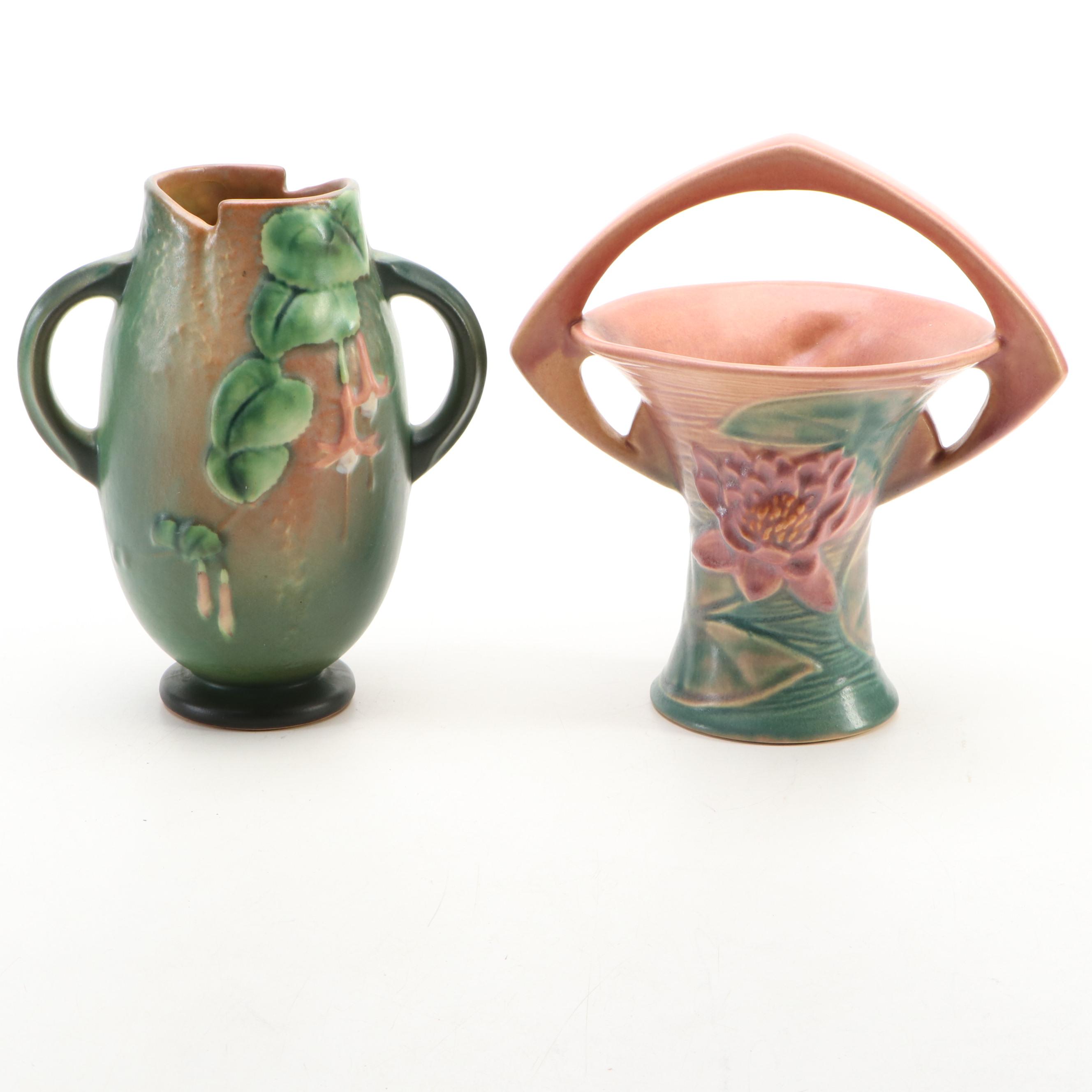 Roseville Pottery White Rose Cachepot with Tray, Fuchsia & Water Lily Vases